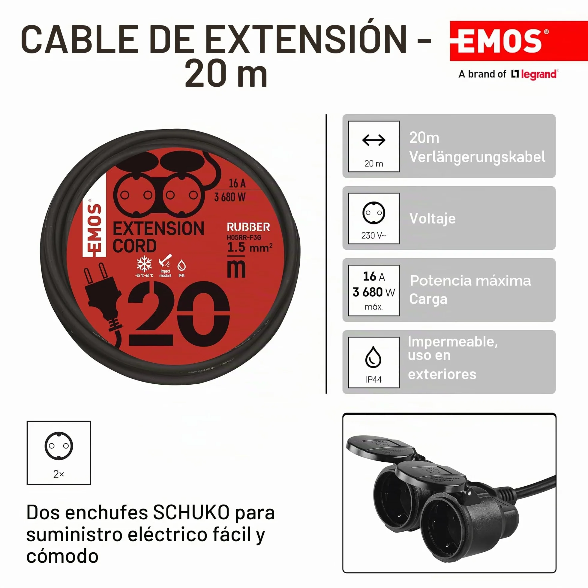 EMOS Przedłużacz IP44 20m 2xSchuko 230V 16A 3680W H05RR-F 3G 1.5mm² Czarny