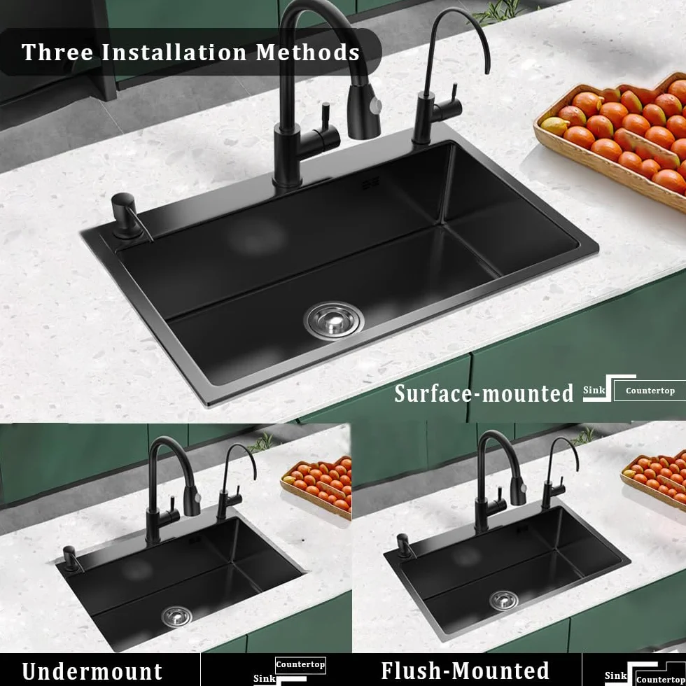 Fregadero Cocina Negro 50 x 45cm, Fregadero Cocina en Acero Inoxidable, Fregadero Bajo o Sobre Encimera Con grifo extraíble/dispensador de jabón/escurreplatos/grifo de agua purificada (Negro, 50x45cm)