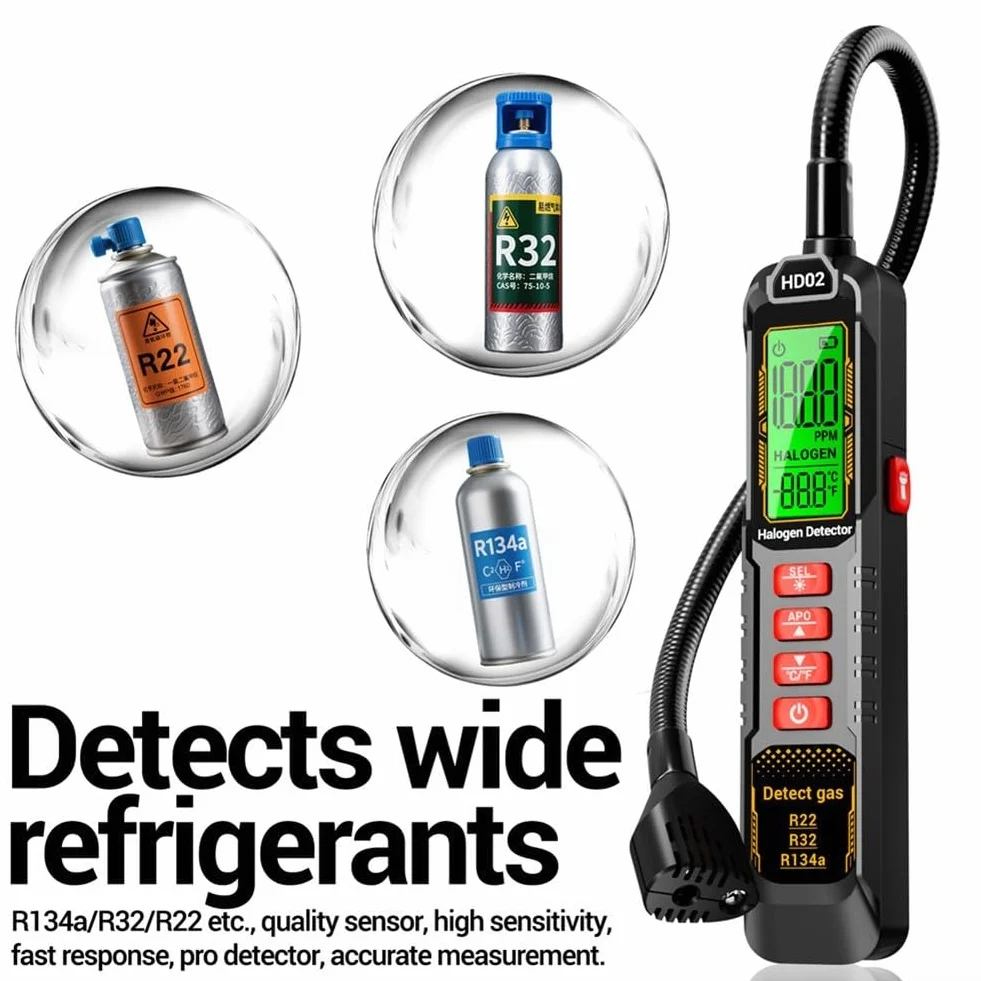 Detector de fugas halógeno Analizador de gas para R22 R32 R134a Aire acondicionado y refrigerador Herramienta de prueba recargable Unidad negra()
