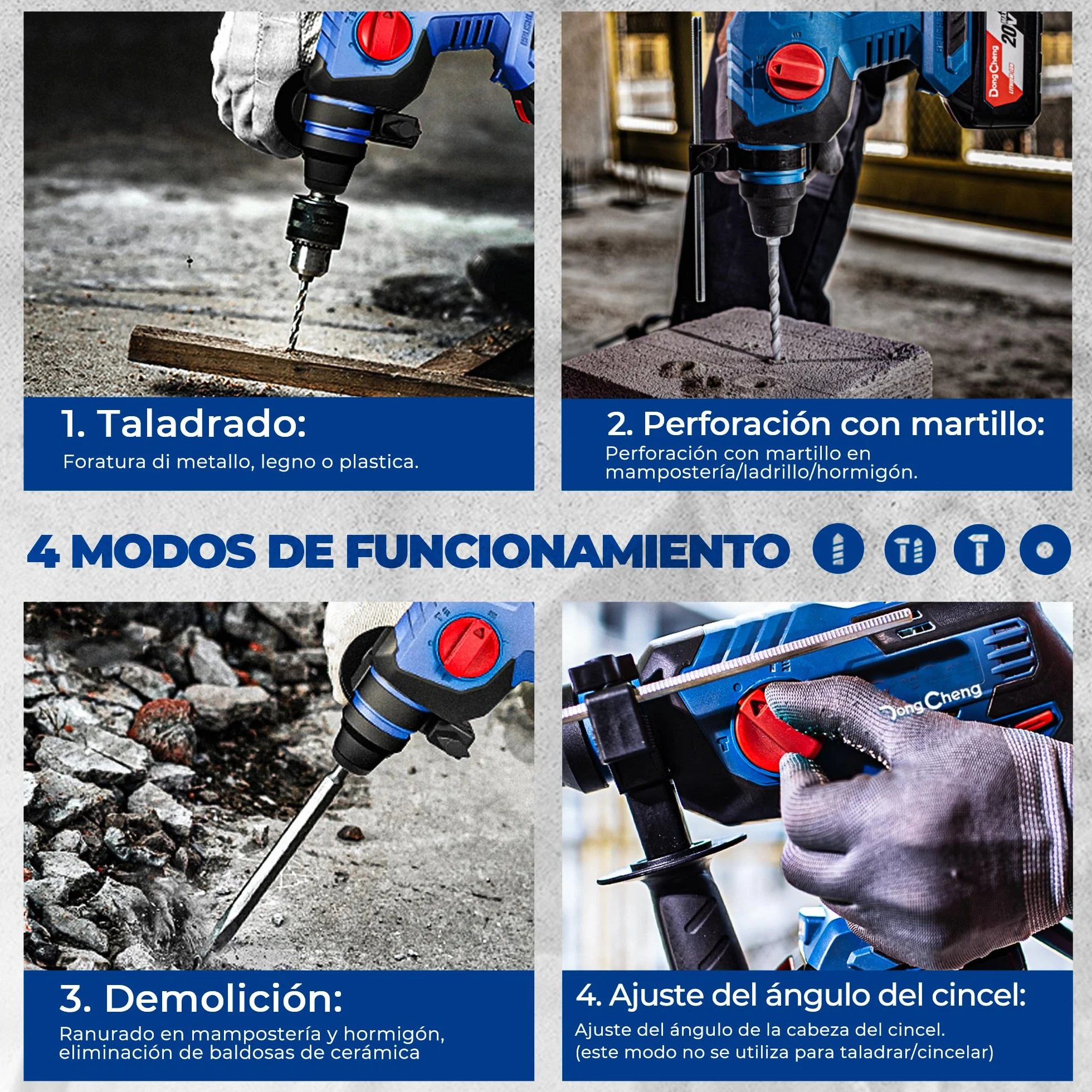 DongCheng Martillo perforador sin cable 18V, energía de impacto 2,1 J, 4 piezas SDS-plus, perforación hasta 28 mm, motor de percusión sin escobillas empuñadura antivibración baterías 4Ah y cargador 2A