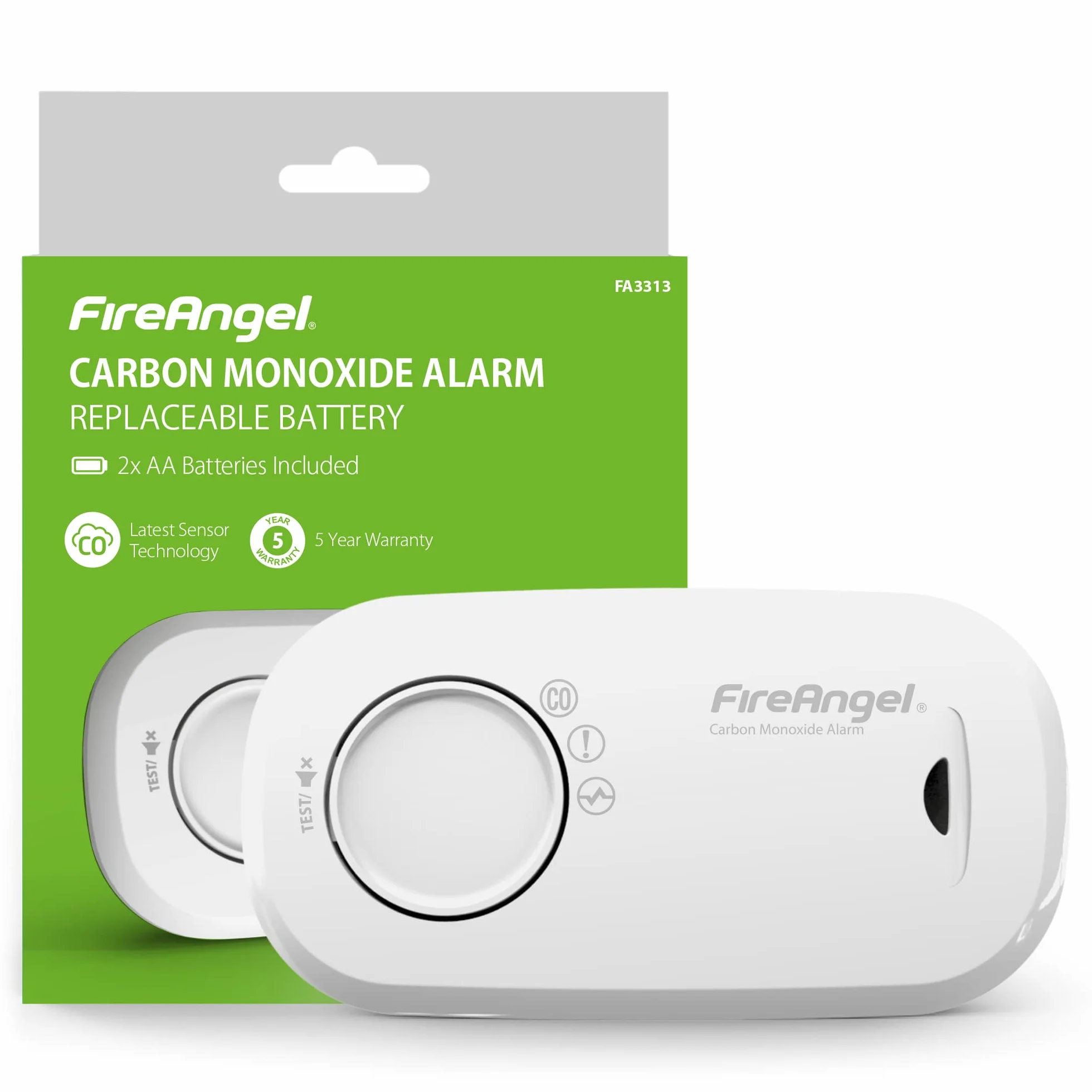 FireAngel Detector de Monóxido de Carbono con Sensor – Alarma de CO Portátil para Hogar y Vacaciones - Monitorea Monóxido Carbono - FA3313, Blanco