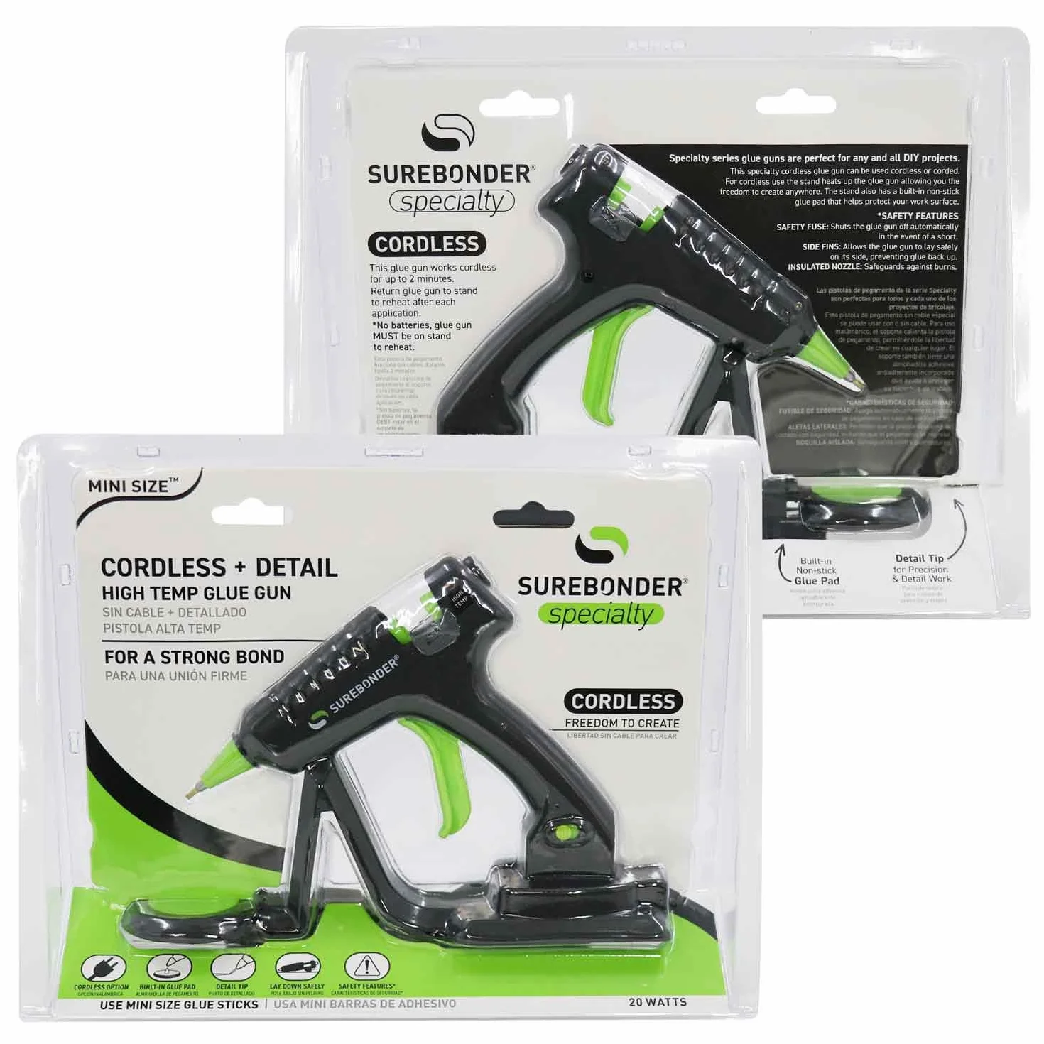 Surebonder Pistola de pegamento mini inalámbrica 20 vatios - Negro - Detail - Perfecto para proyectos detallados y bricolaje - Con punta de detalle extendida y seguridad integrada