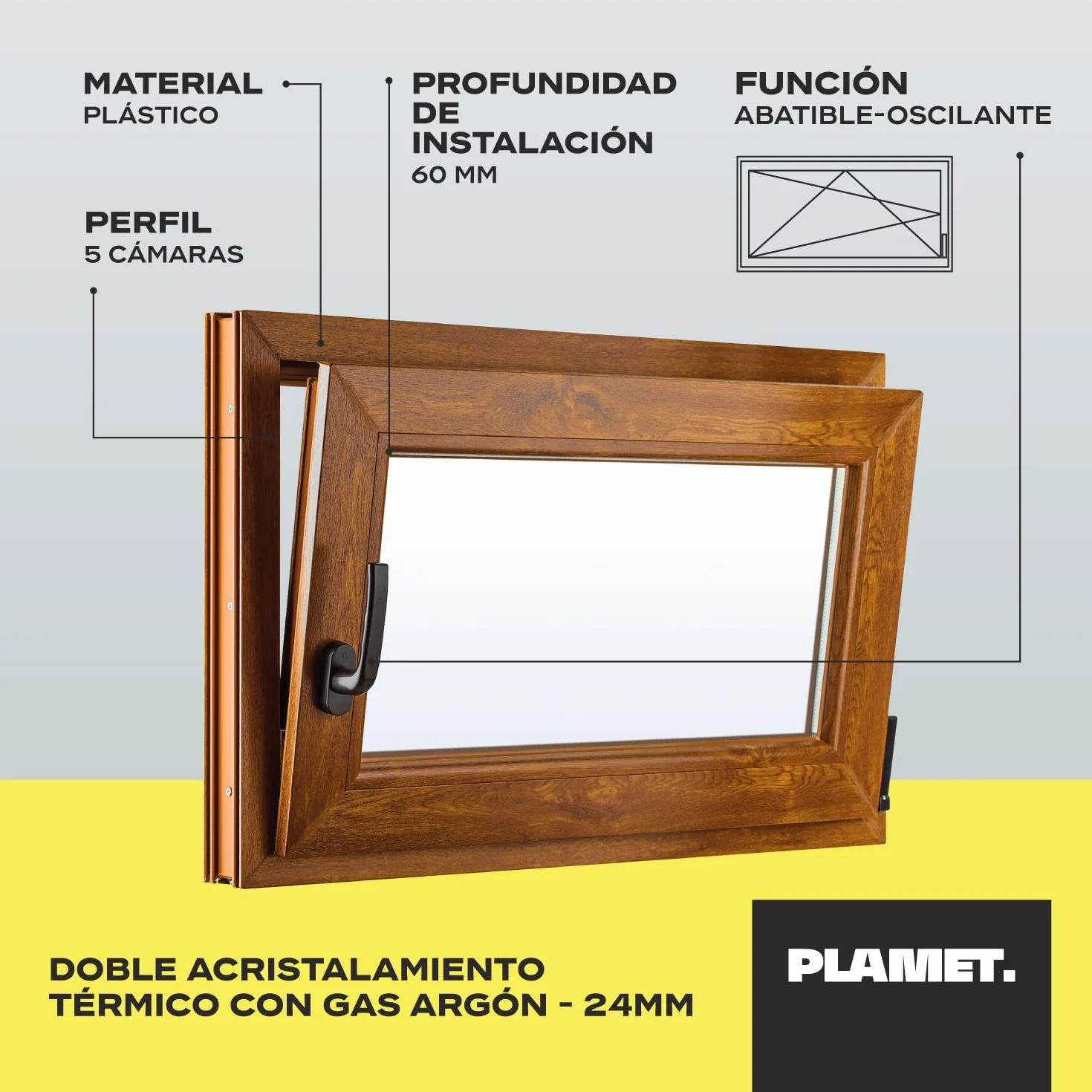 Ventana de PVC - Ventana de Plástico - Resistente a las Influencias Ambientales - Protección Contra Robo - Aislamiento Contra Ruido, Viento - Roble Dorado - 800x500cm - 4-16ar-4i