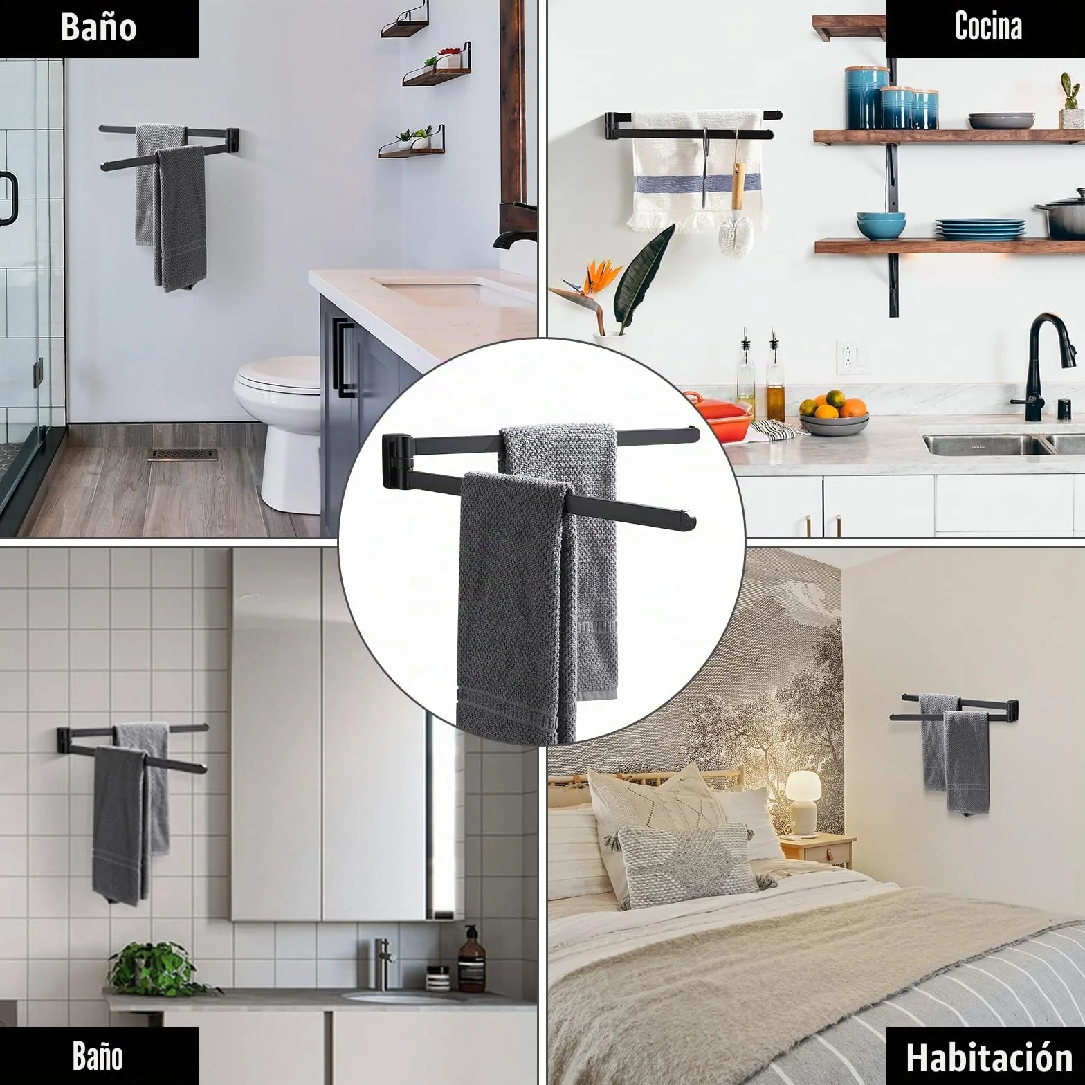 BGL Toallero Giratorio Negro, Organizador de Almacenamiento, Ahorro de Espacio, Soporte de Toalla de Pared Doble Giratorio para baño