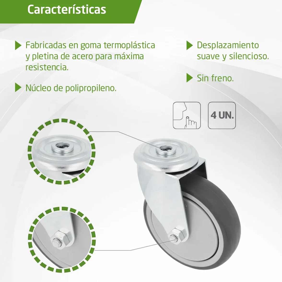 Amig- Pack de 4 Ruedas para Muebles - Con Agujero- Ø100 mm - Carga Máxima por rueda 110 kg- Pletina de Acero- Fabricada con Goma- Sin Freno- Ideales para Mover Equipos Industriales y Muebles Pesados
