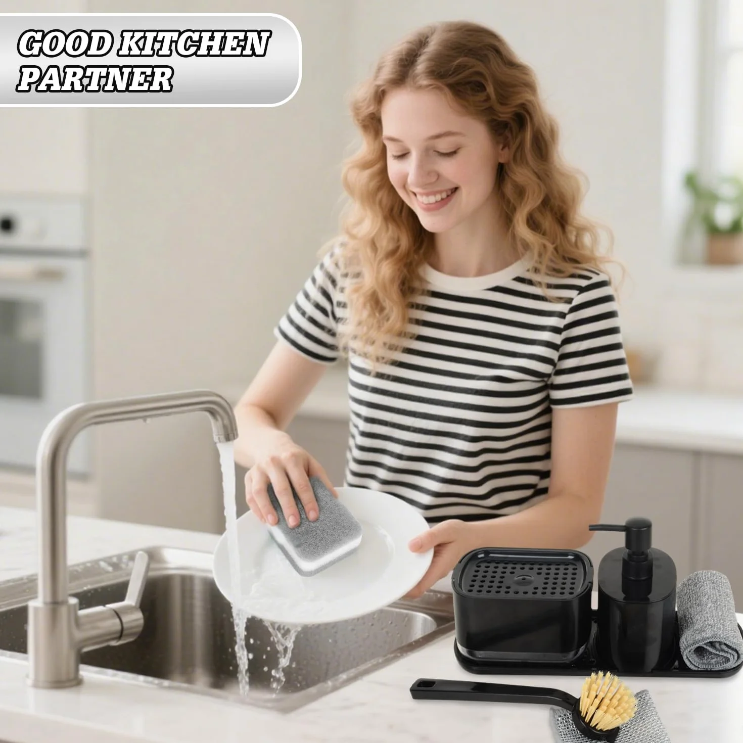 Dosificador Jabón Cocina Negro con Trapo, Cepillos y Esponja, Organizador Fregadero Detergente Recargable