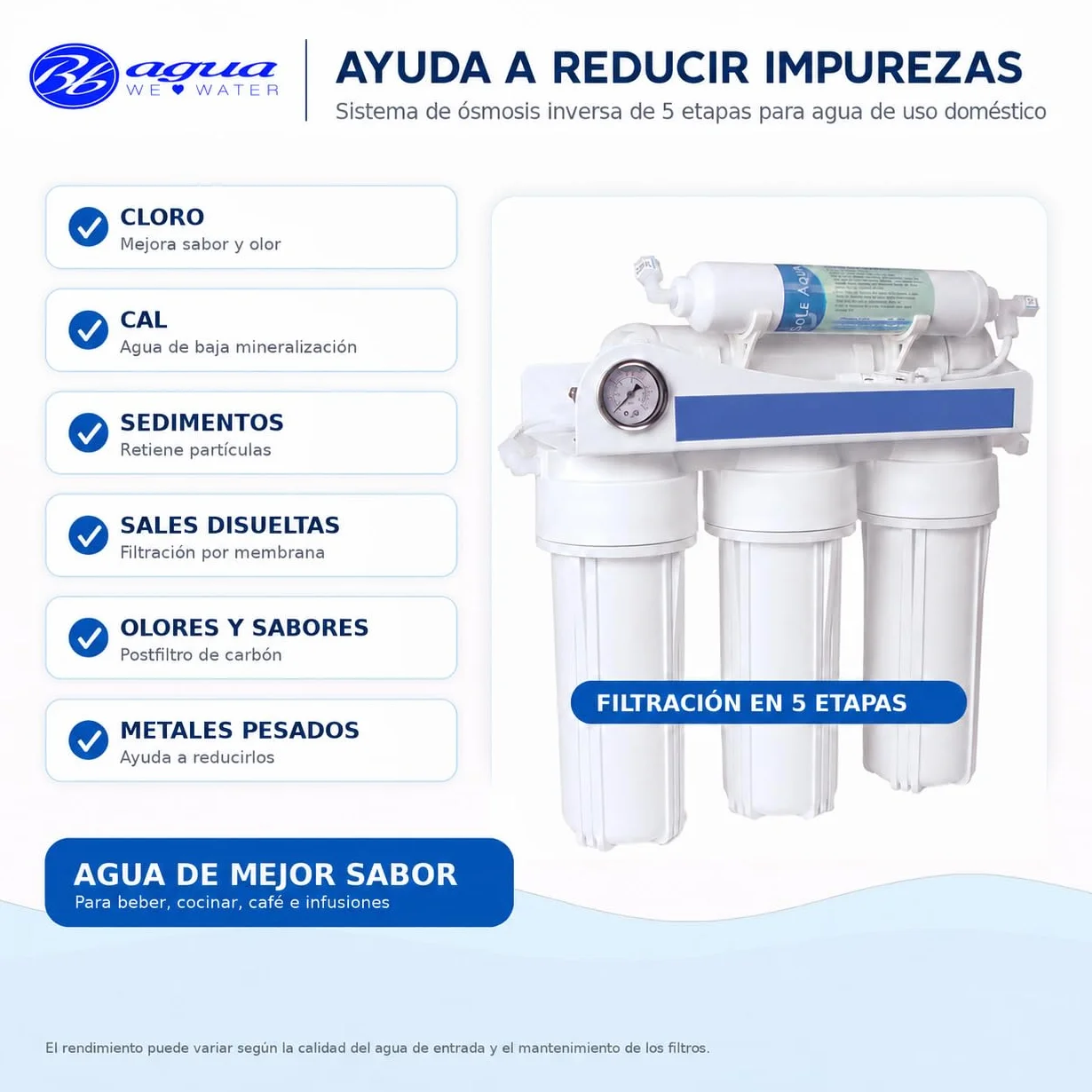 Bbagua EUR-50 – Equipo de Ósmosis Inversa 5 Etapas para Casa | Reduce Cal, Cloro y Sales | Agua Purificada de Baja Mineralización | Sistema Bajo Fregadero con Filtros y Membrana