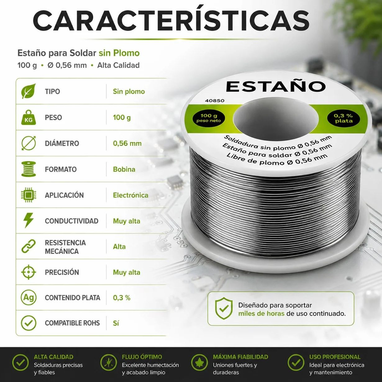 CABLEPELADO Estaño para Soldar Sin Plomo 100 g Ø 0,56 mm con 0,3% Plata | Hilo de Soldadura para Electrónica, PCB, SMD y Reparaciones Eléctricas | Compatible RoHS