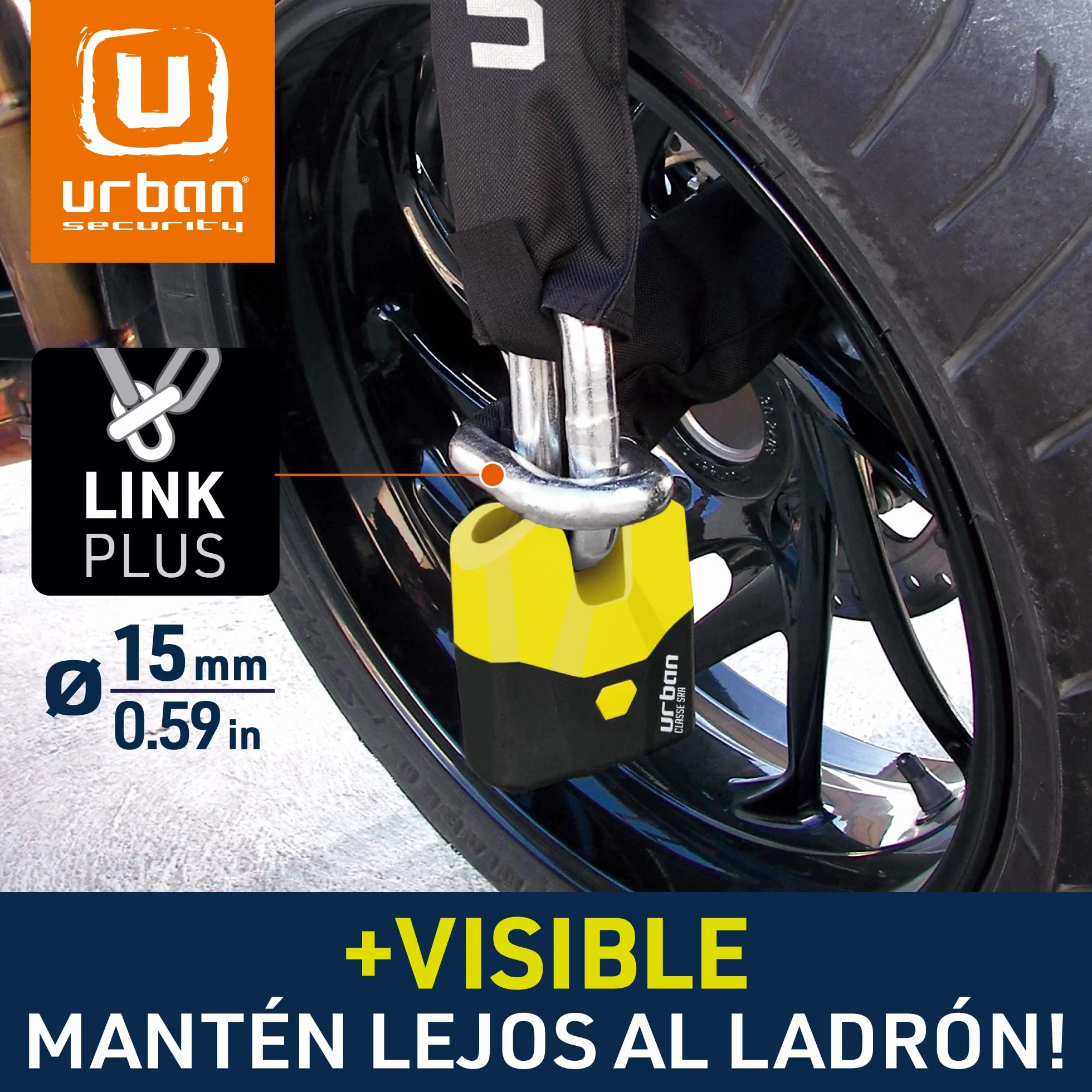 URBAN U8K100 Candado Moto Cadena Antirrobo, Homologación SRA Alta Seguridad, Acero Endurecido ø15, Doble Cierre, Cerradura Anti-Ganzua Anti-Taladro, 100cm para Anclaje Garaje Moto Bicicleta Eléctrica