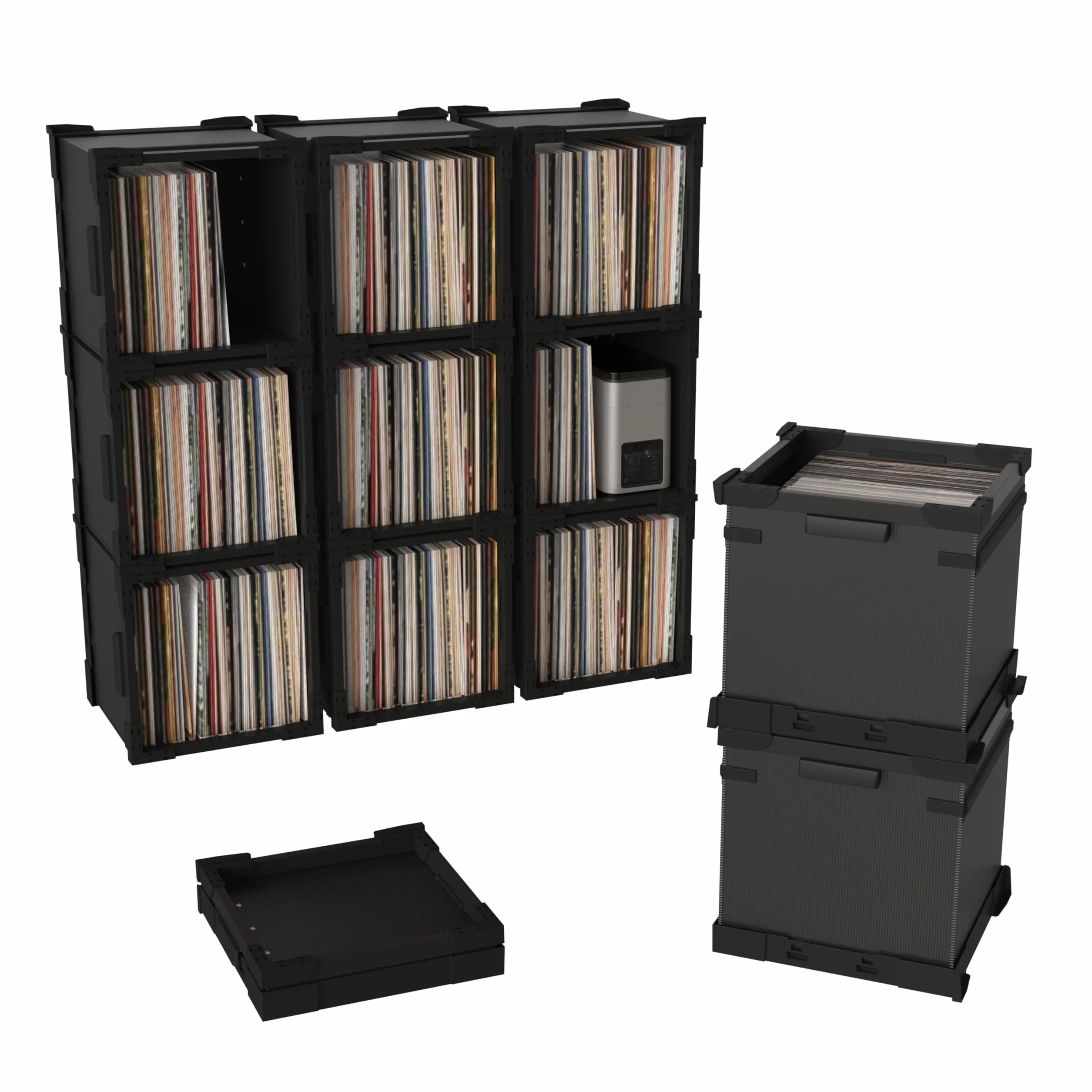 HumminGuru FlexiCube Caja para Guardar Discos de Vinilo Organizador Apilable 12 Pulgadas 70 LP Estante Modular Plegable (3 cubos)