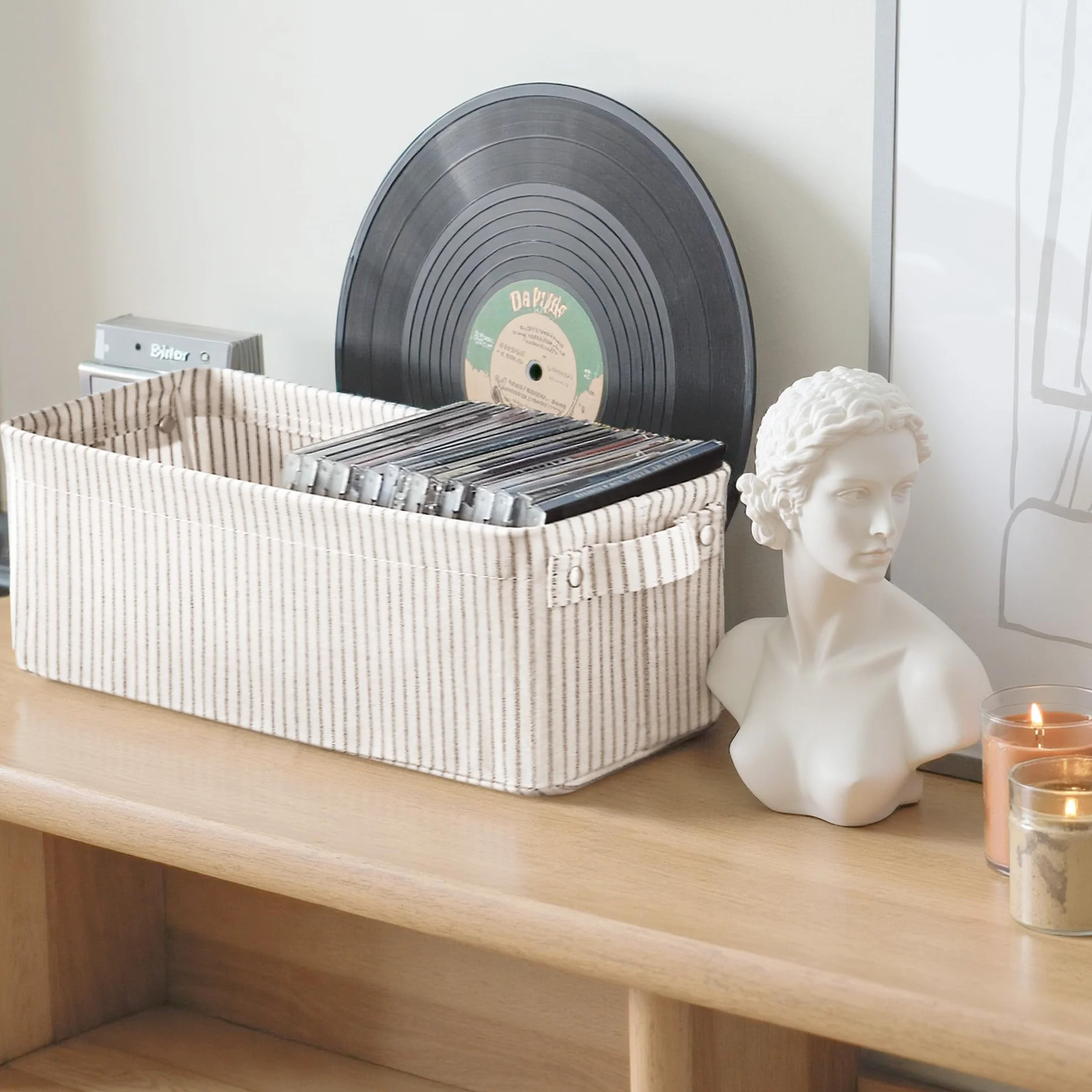 StorageWorks Cestas de almacenamiento estrechas, cajas largas con asas para organizar el armario, pack de 2, rayas beige