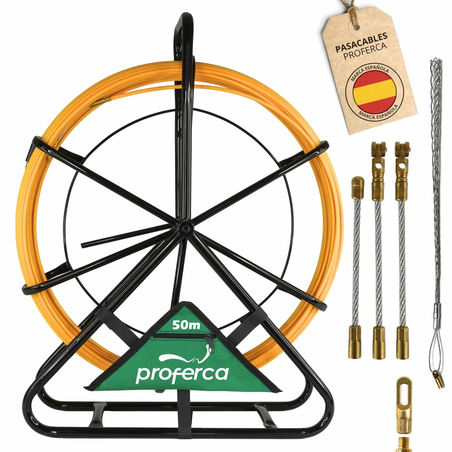 Guia Pasacables Profesional 6mm y 50 metros de Fibra de Vidrio Reforzada | Guia con Contenedor y Accesorios intercambiables| Especial Jardines | Malla Tiracables
