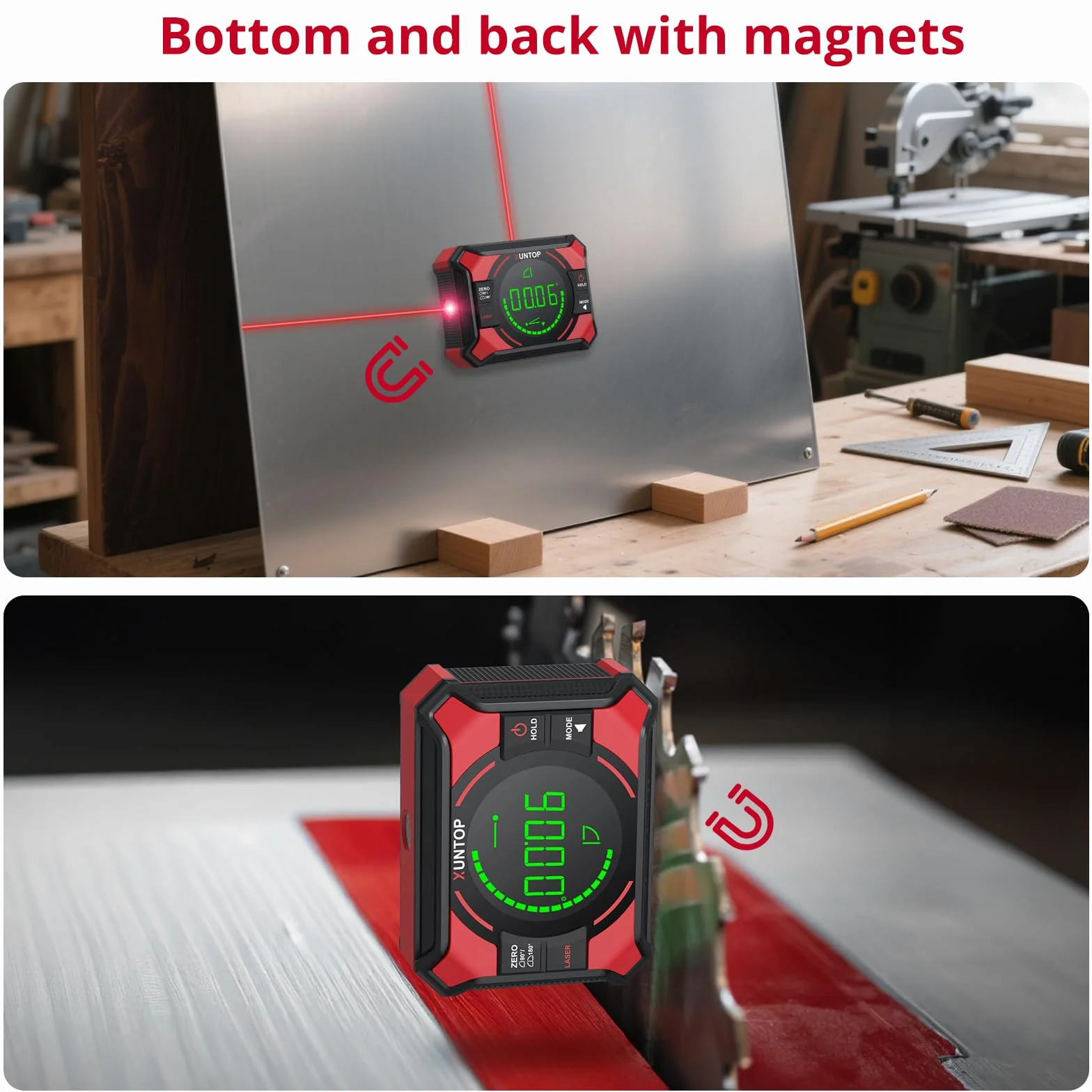 XUNTOP Inclinometro Digital 3 en 1 Caja de Nivel digital con Láser Cruzada Nivel Digital Magnetico Rango de 0-90° & 0-180° Interfaz Type-C para Carpintería, Sierras y Cuadros Colgantes