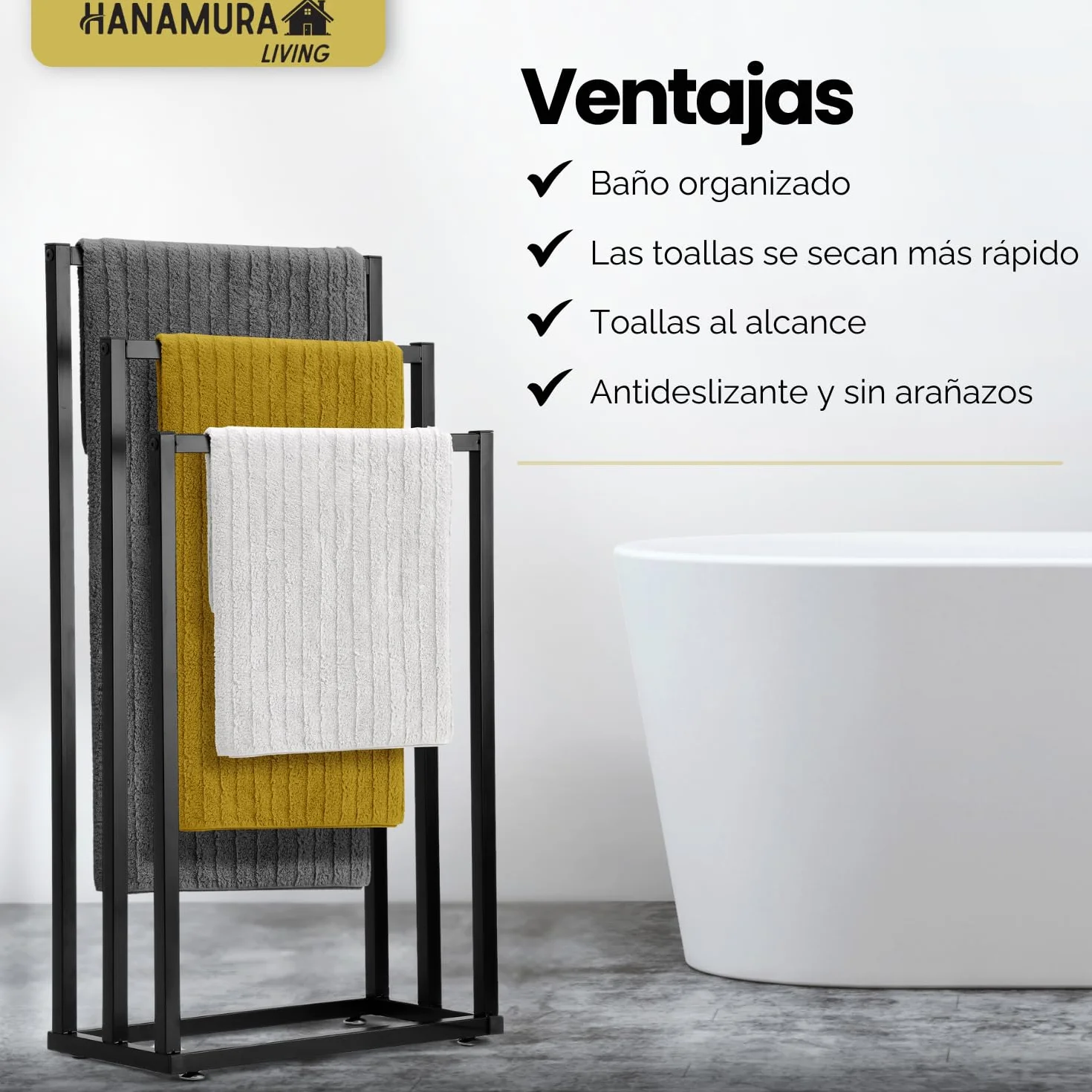 Toallero de Pie Negro – Soporte de Toallas Moderno para Baño – Estructura Estable sin Taladro