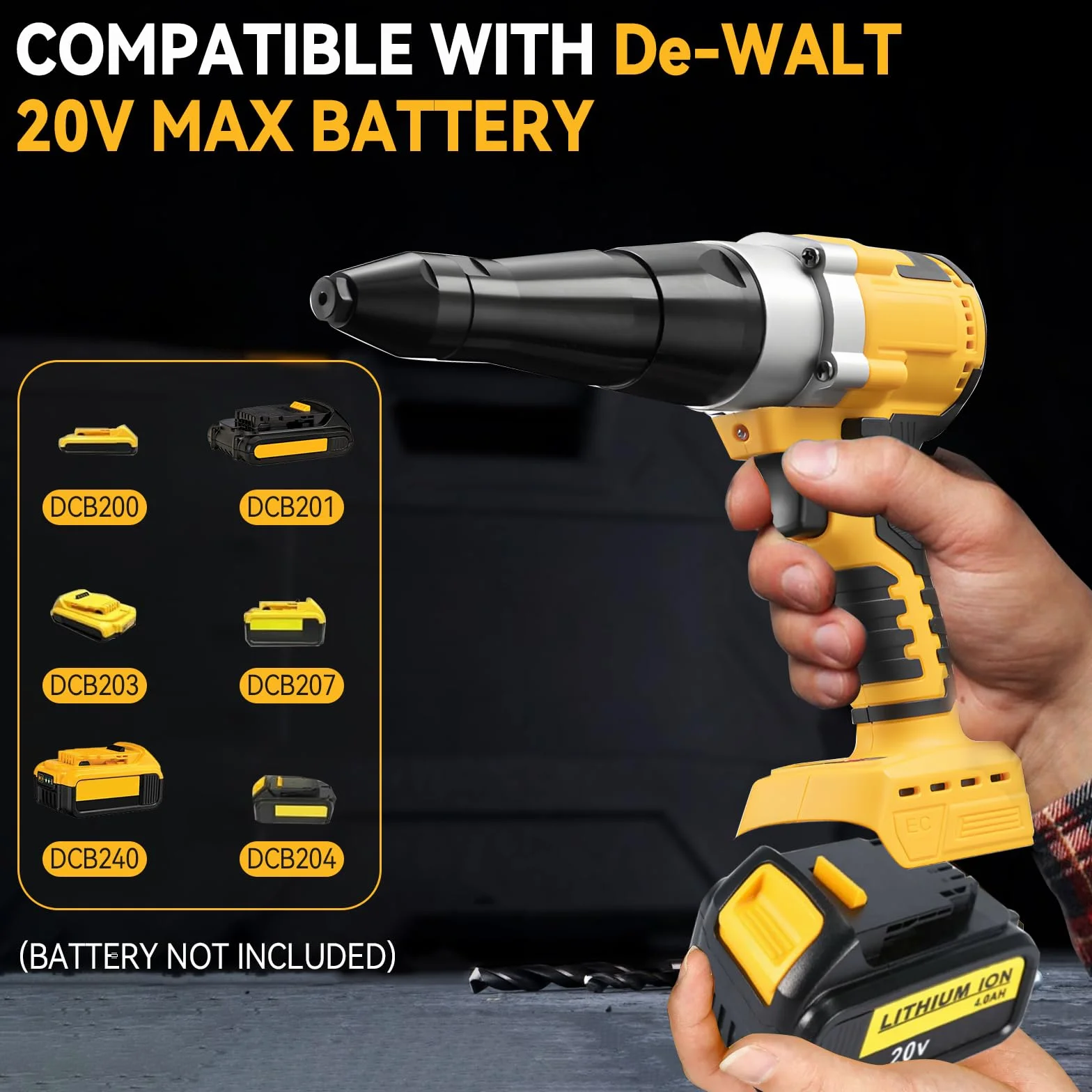 Pistola remachadora inalámbrica compatible con Dewalt batería 18V (sin batería), pistolas de tuerca de remache automáticas eléctricas con 40 remaches para remaches de 1/8 pulgadas, 5/32 pulgadas