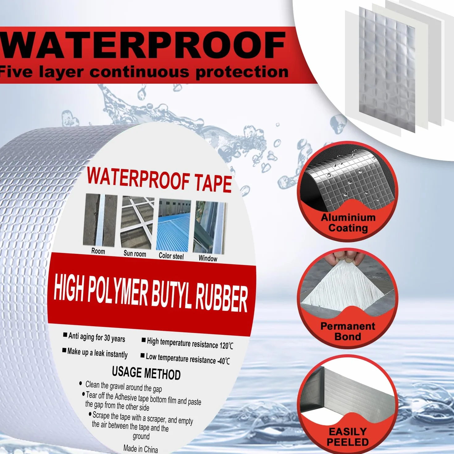 Cinta de Butilo Impermeable 200mm x 5m, Sellador Fugas Agua, Cinta de Butilo para Reparación, Impermeable Sellador Adhesivo para Fugas en Techo, Espacio enAlféizar de Ventana, Tubería