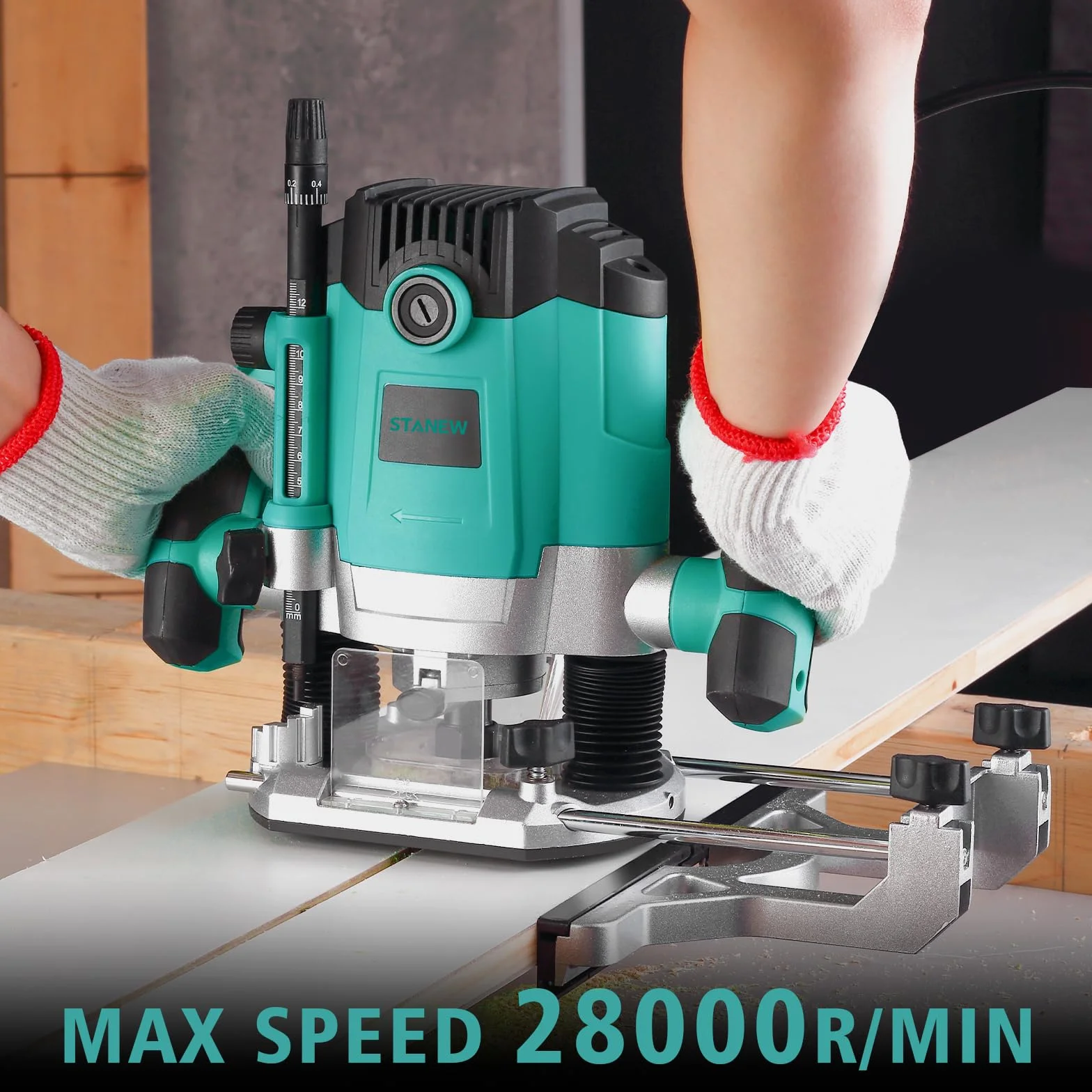 Fresadora Para Madera 1800 W,10000-28000 RPM, STANEW,Rebajadora Eléctrica con Juego de 12 fresas,7 Velocidades,3 Alicates de 6,8,12 mm,Ajuste de la Profundidad de Fresado, Bolsa de Lona