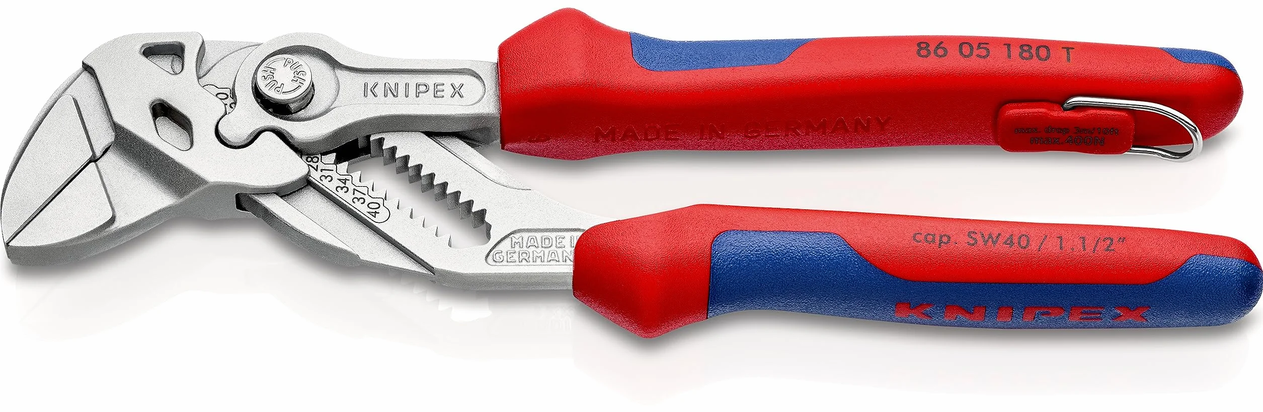 KNIPEX Tenaza llave alicate y llave en una sola herramienta en blister cromado con fundas multicomponentes, con anilla de fijación, 86 05 180 T BK