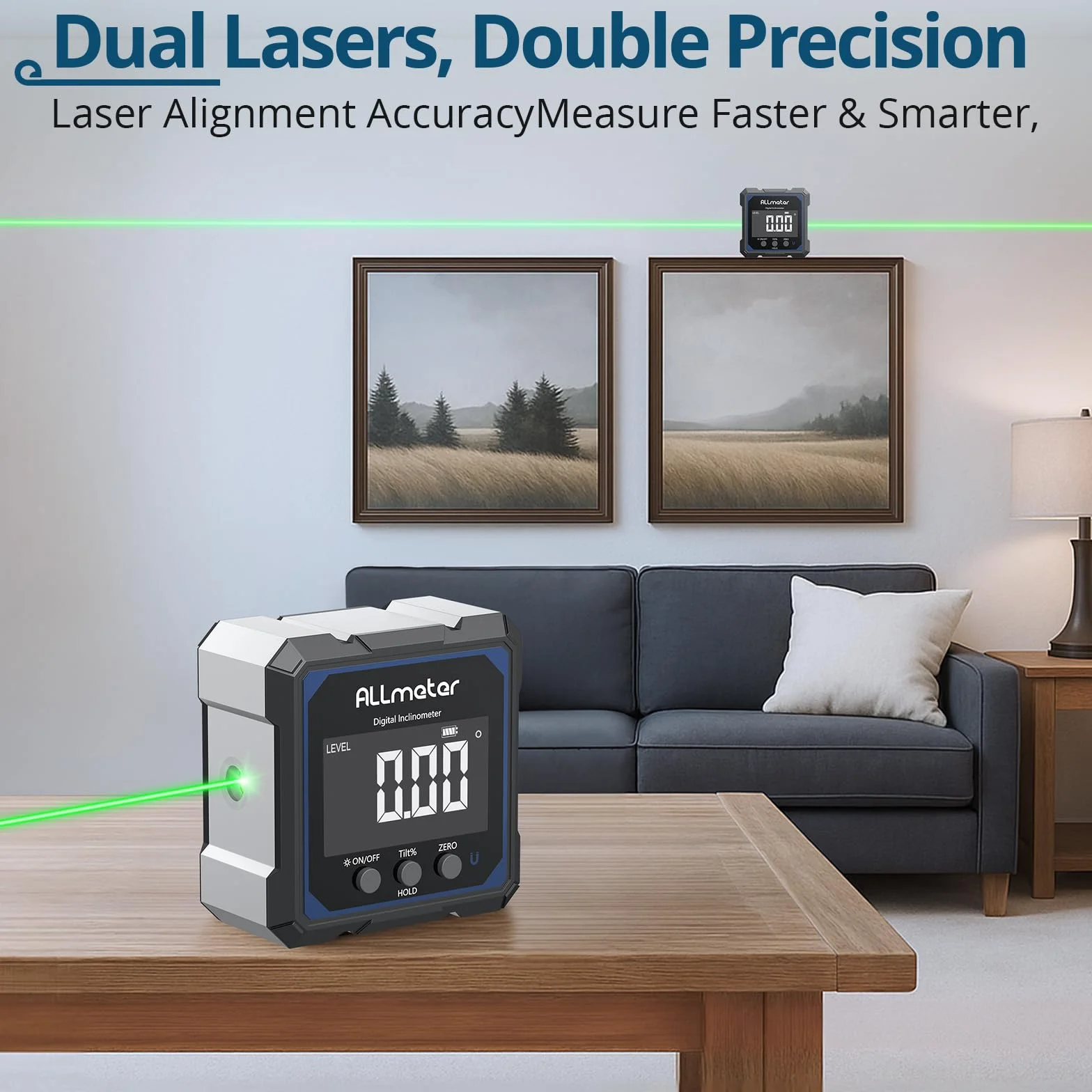 Medidor de ángulo digital recargable con nivel láser, 4 lados magnéticos, láser verde, inclinómetro +/- 0,1°, USB-C, para carpintería y construcción