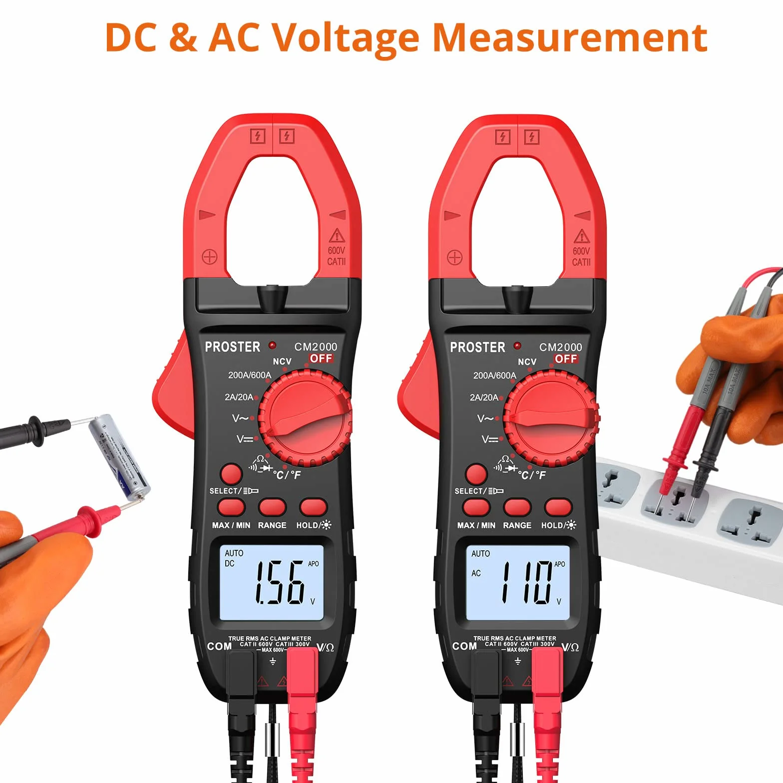 Proster Pinza Amperimétrica 2000 Cuentas 600A TRMS NCV Multímetro Digital Rango Automático con Pantalla Retroiluminada para Voltaje AC DC Corriente AC Diodo Resistencia Continuidad Temperatura