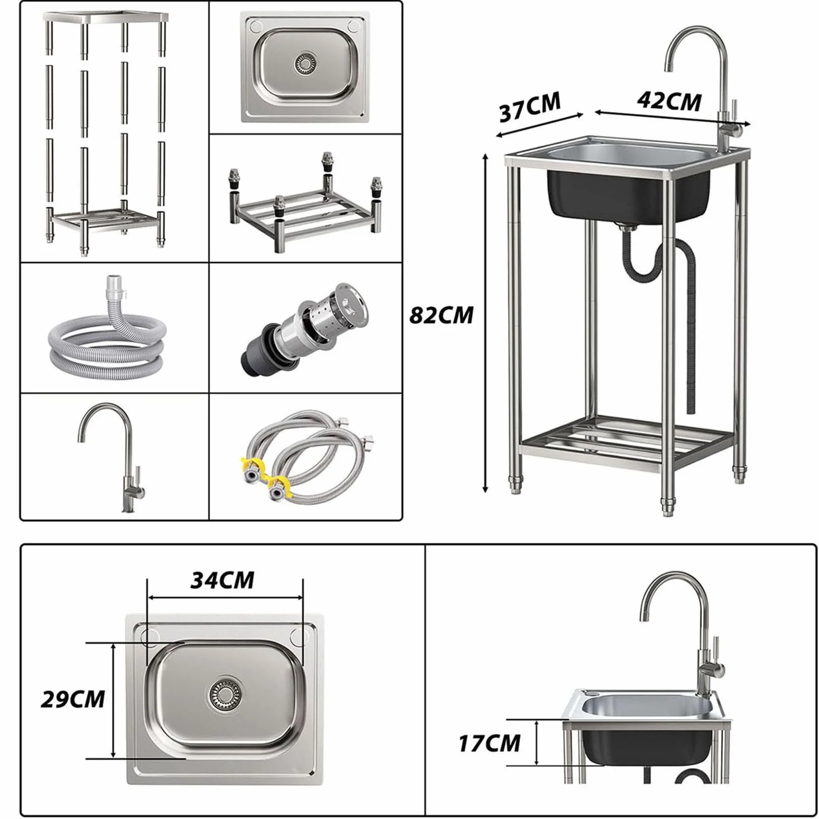 Fregadero De Cocina Exterior/Jardin Mueble Fregadero De Acero Inoxidable | Portatil Lavamanos Industriales con Grifo Estante Y Escurridor Pila De Lavar Para Garajes/Lavanderías/Restaurantes Comercial