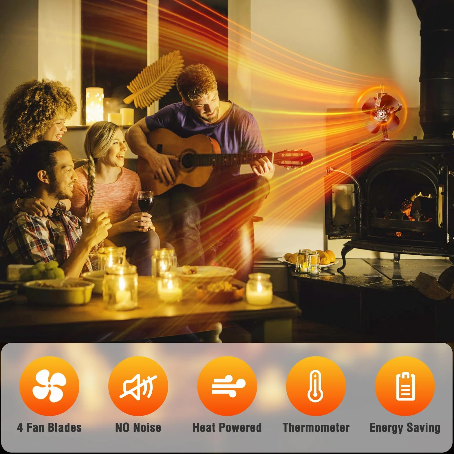 Ventilador-de-Chimenea-Ventilador-de-estufa,Silencioso Alimentado Ventiladores chimeneas,Energía Térmica,Distribución Eficiente del Calor,para Estufa de Leña,Estufas de Pellets (4 hojas)