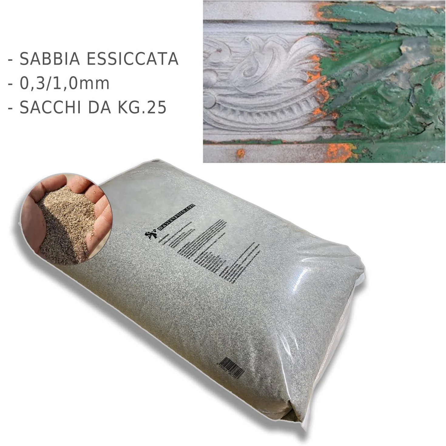 Arena para arenadora 0,3 – 1,0 mm, saco de 25 kg – Arena seca vaga, para tratamientos de arenado sobre madera, hierro, cemento y ladrillo – Granulometría media, baja humedad