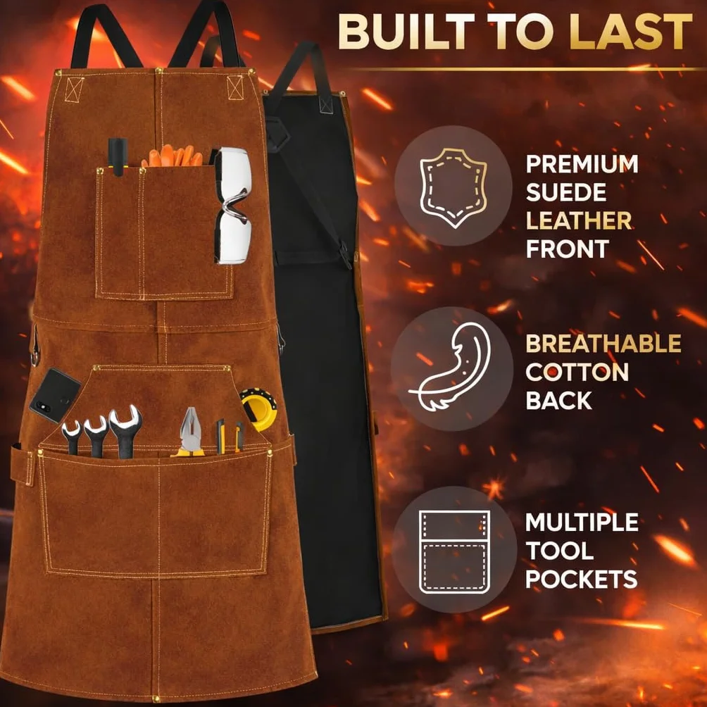 BWOLF Smith Mandil Soldador Delantal Carpintero Delantal Cuero con Pechera Resistente al Calor Delantal de Soldadura Ajustable