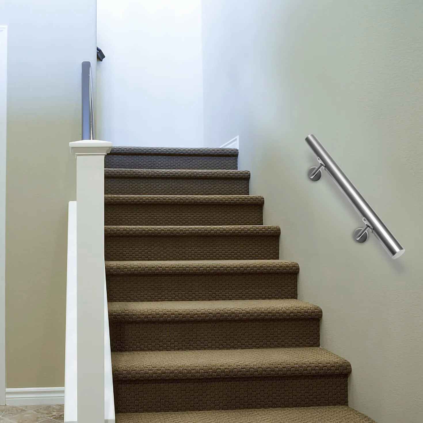Lospitch Pasamanos de acero inoxidable, pasamanos de pared, para interior y exterior, incluye soporte de pared y tapas finales, 50 cm