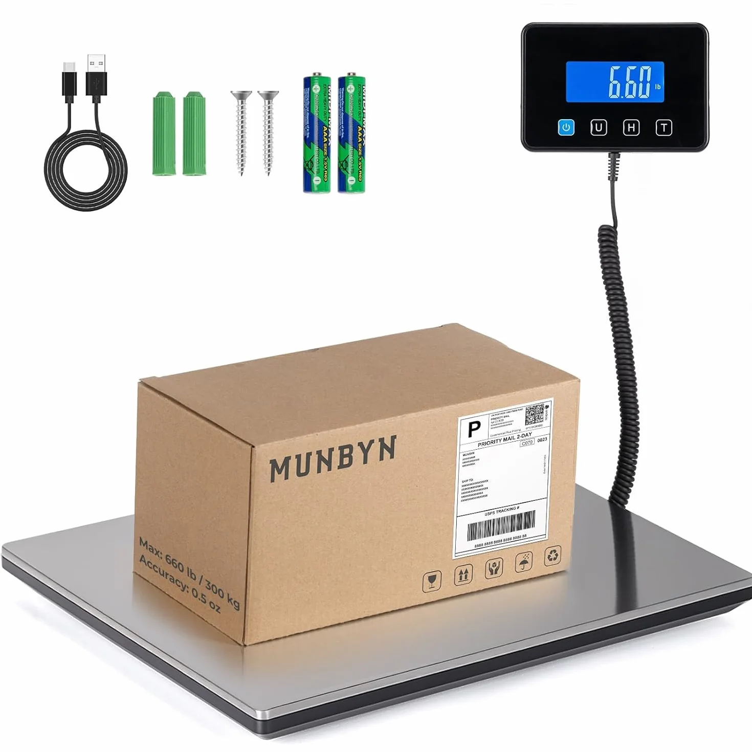 Balanza postal MUNBYN 300kg/660lb Alta precisión Horario encendido/apagado personalizable