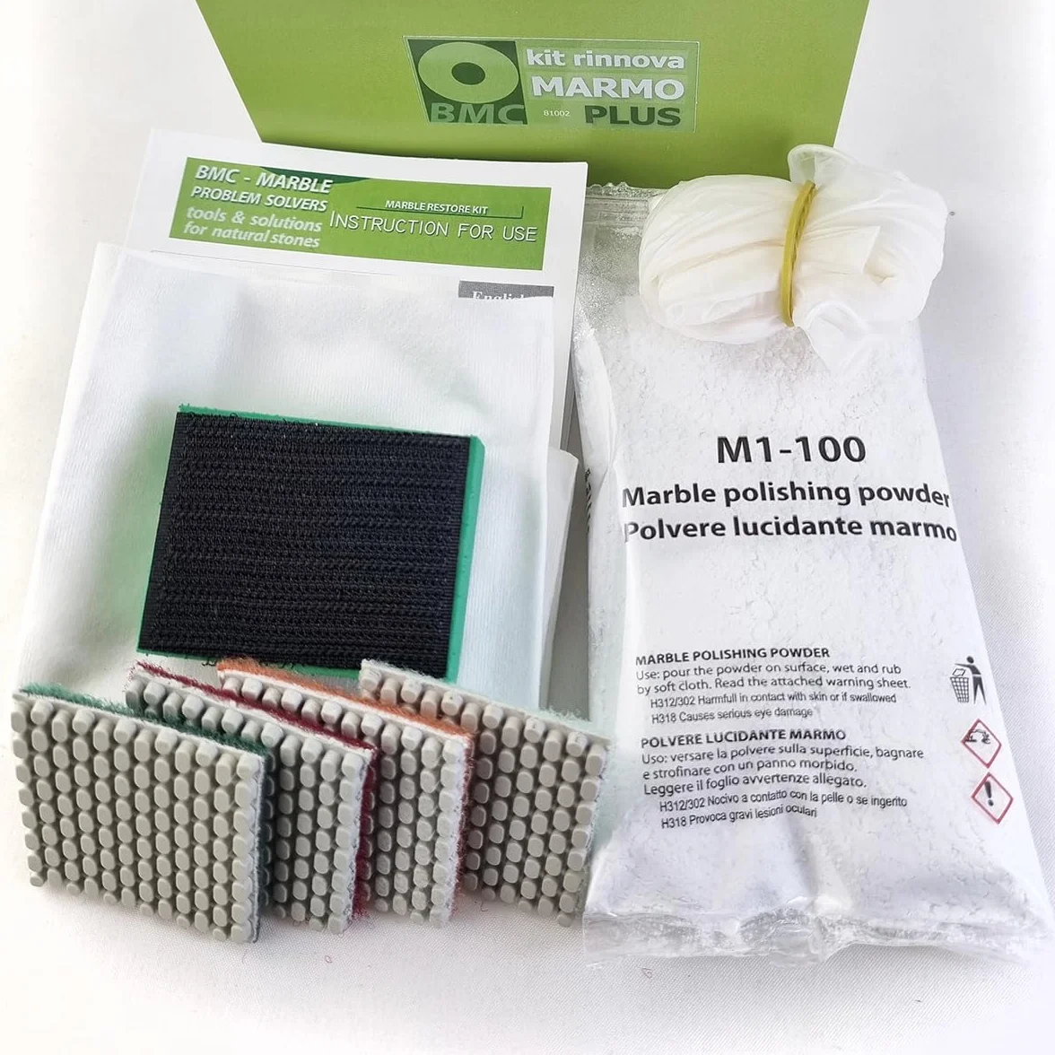 RENUEVA MARMOL PLUS kit para eliminar opacidad, arañazos, corrosiones y rehacer el pulido de mármol con alto contenido de carbonato y travertino