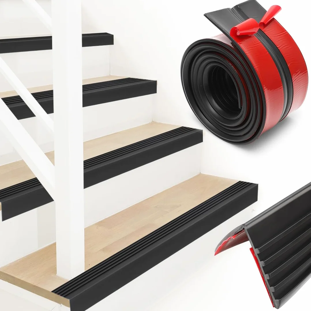 Protector antideslizante para bordes de escaleras, perfil autoadhesivo, antideslizante para exteriores e interiores (negro, 4 m)