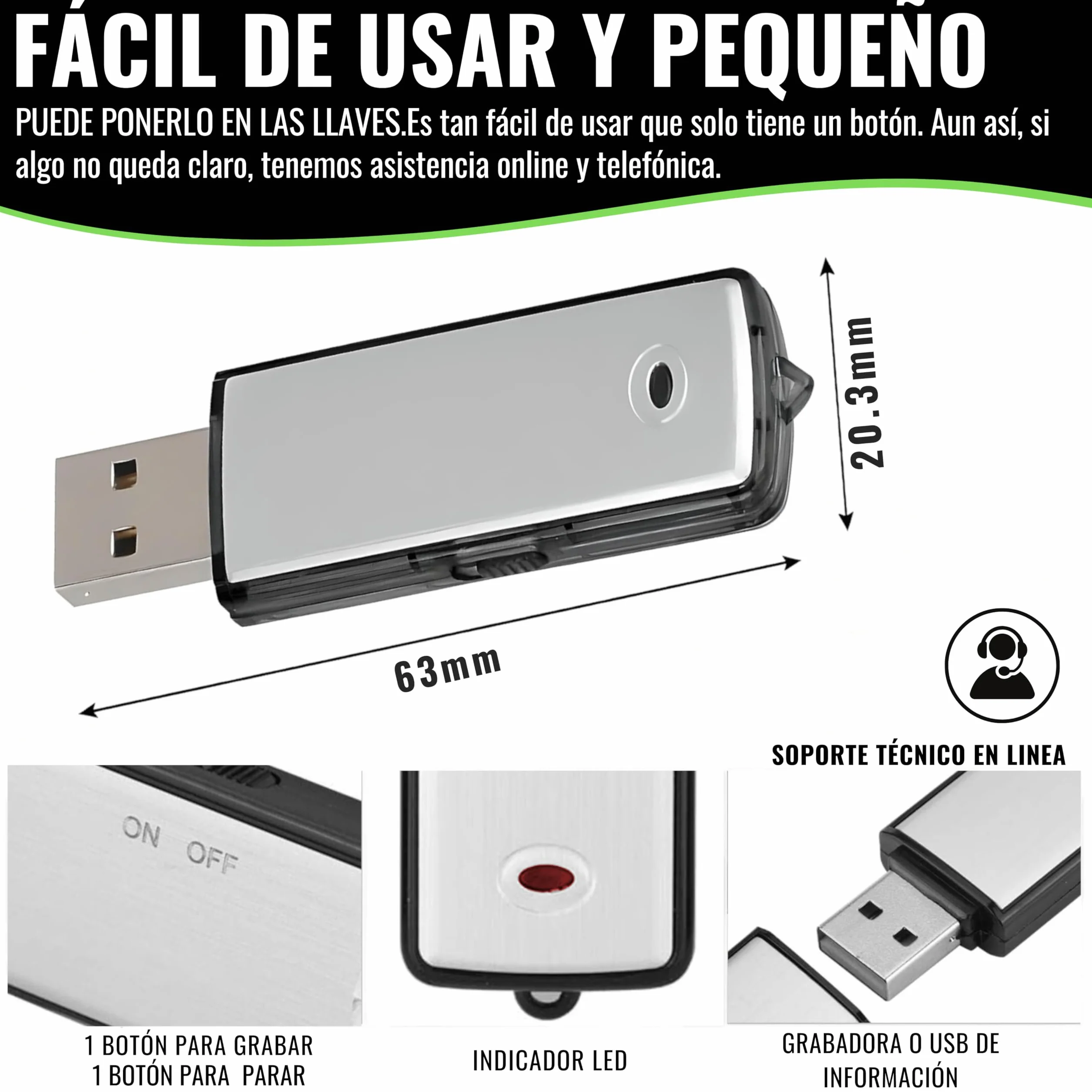 Grabadora de Voz Digital USB 8 GB Mini Espía para Reuniones Entrevistas Conferencias