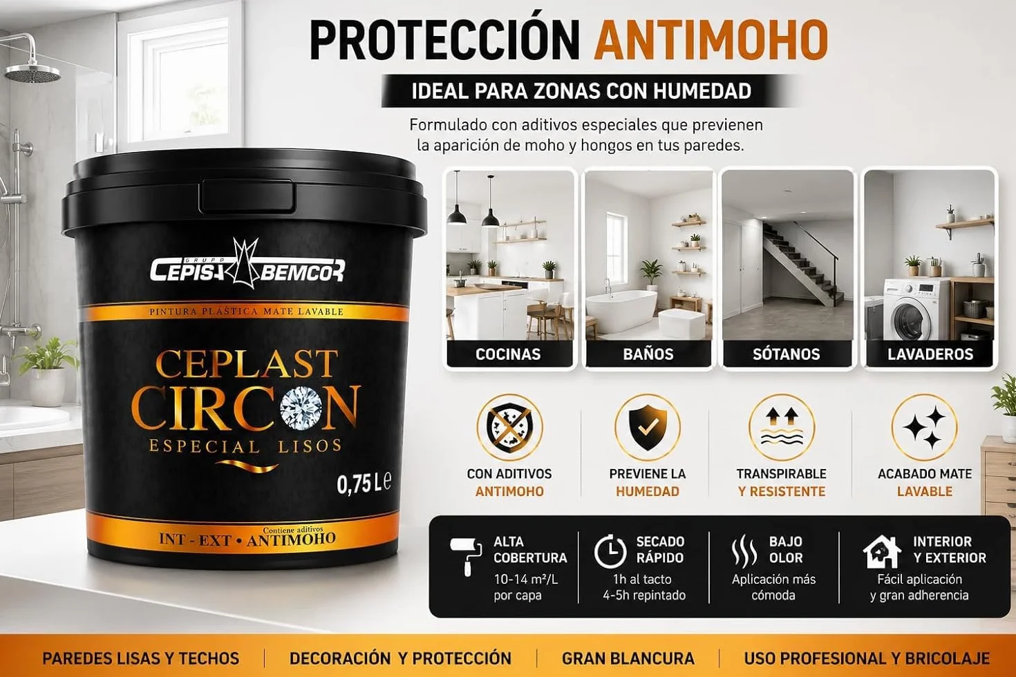 Pintura Antimoho CIRCON Interior Mate | Protección Contra Humedad, Moho y Condensación | Alta Cobertura y Acabado Profesional | Disponible en 0,75L, 4L (4 Litros)
