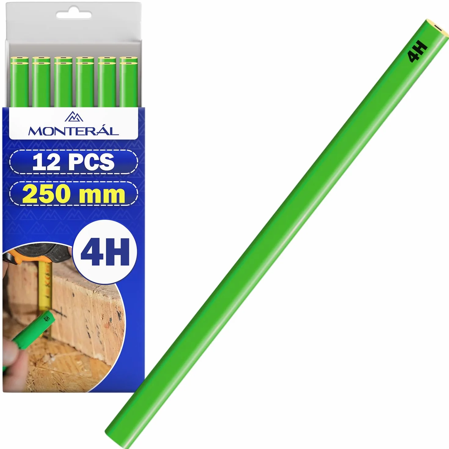 MONTERAL 12 Piezas Lápiz Obra 250 mm Grafito 4H - Lápiz Albañil Verde para Hormigón y Ladrillo
