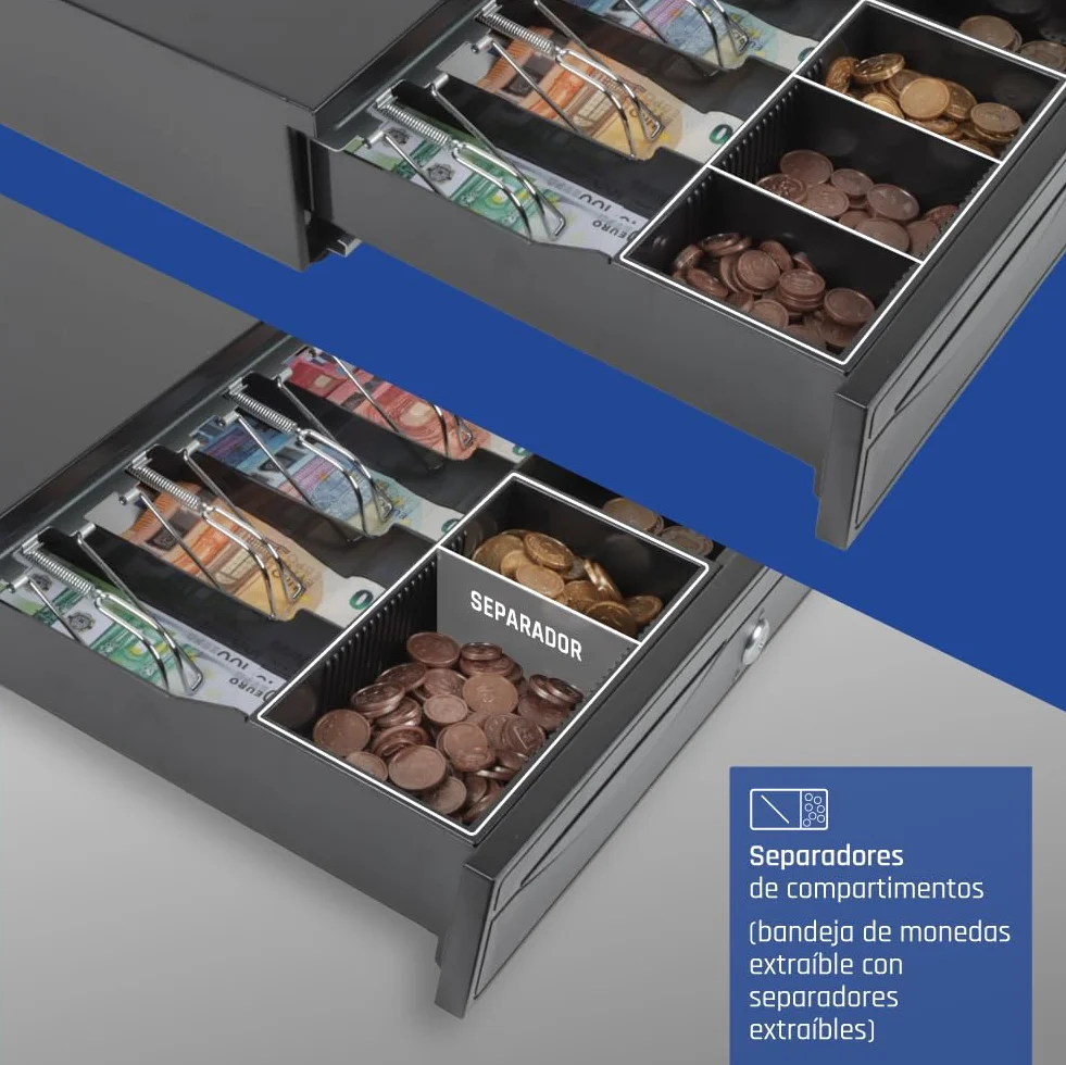 iggual Cajón Portamonedas IRON-30 Caja Efectivo Registradora Manual Automática 5 Billetes 5 Monedas Cerradura 3 Posiciones Acero Plástico Negro 42x40.5x10