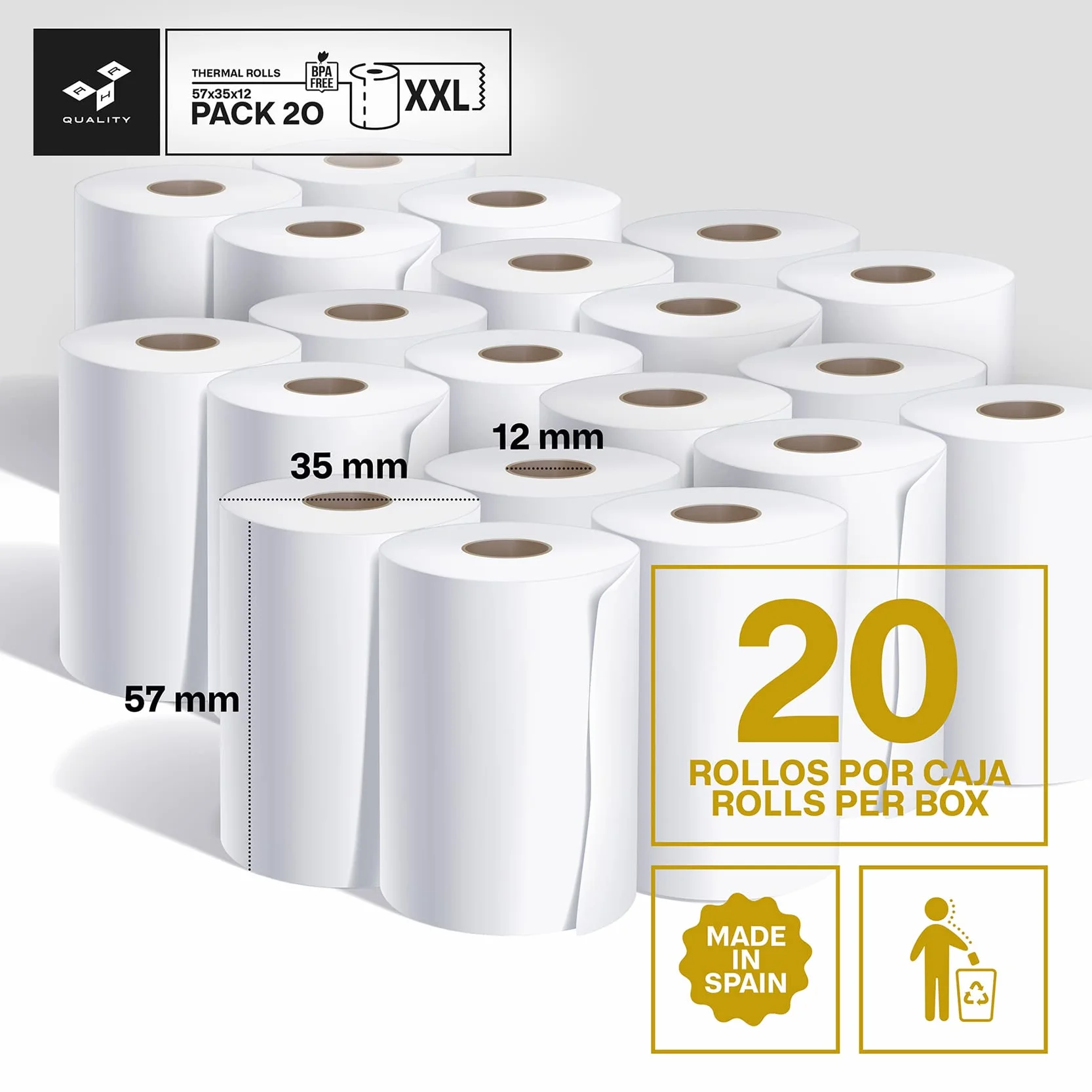 Rollos de Papel Térmico Blanco 57x35x12 mm Para TPV Sin BPA - Papel Termico 57mm - Papel Datáfono de Alta Durabilidad (20)