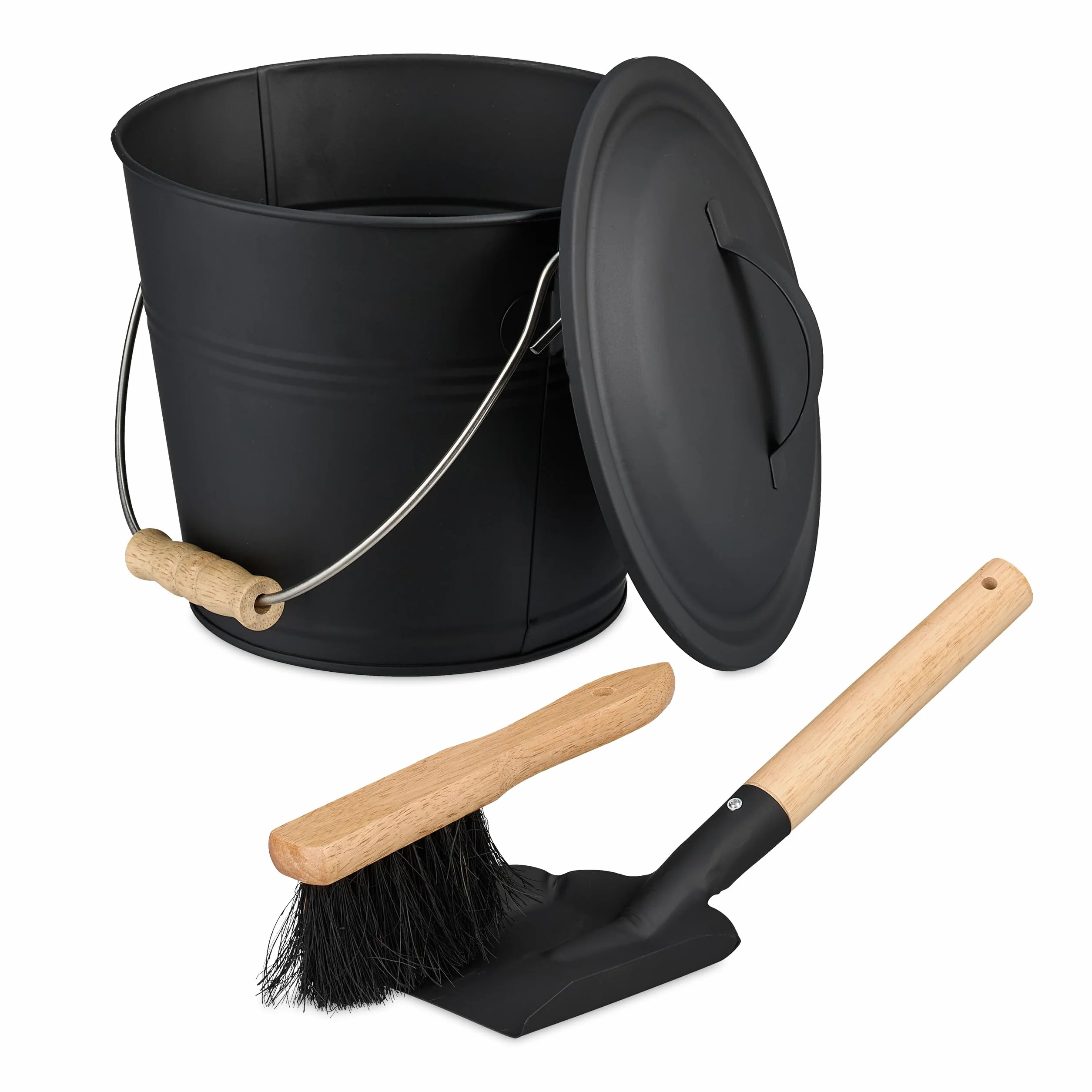 Relaxdays Cubo para Cenizas con Tapa y Set, 4,5 L, Incluye Cepillo y Recogedor, Contenedor de Carbón con Asa, Negro