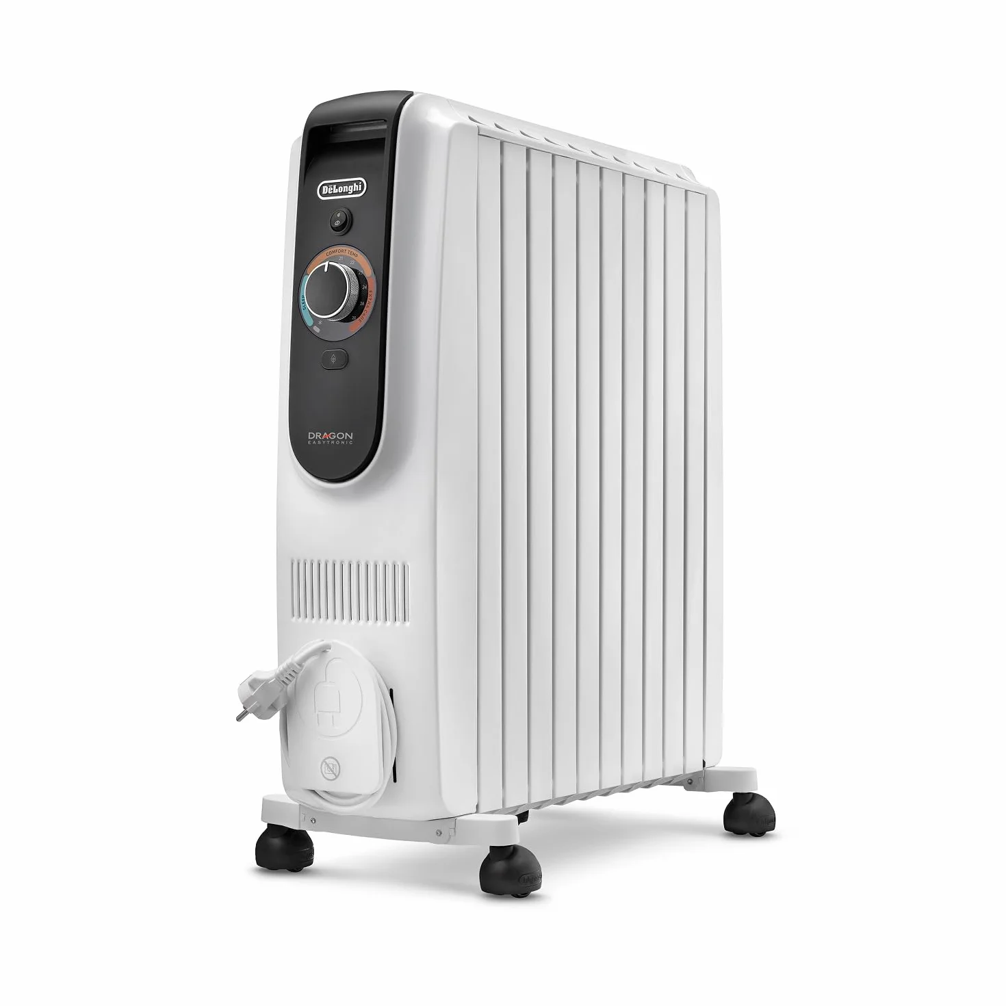 De'Longhi Dragon EasyTronic – Radiador de Aceite para Estancias hasta 75 m³, Calefactor Eléctrico con Termostato de Seguridad, 10 Aletas, Calefacción con 12 Niveles, Portátil, 2500W, Blanco (TRD51025)