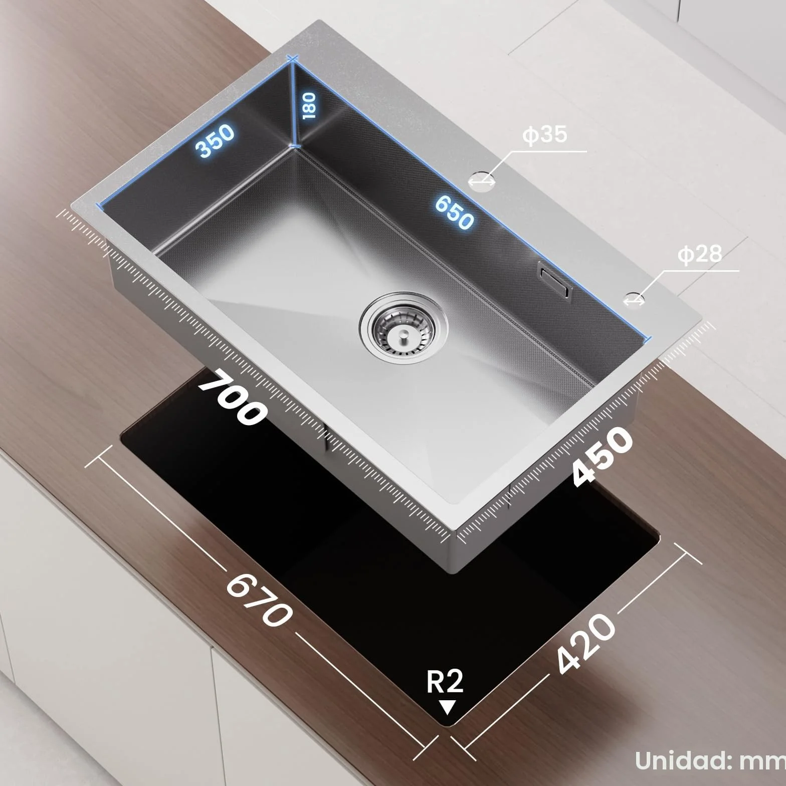 CECIPA 70×45cm Fregadero Sobre Encimera Con Cesta de Drenaje, Grande Cocina 1 Seno Para Armarios de 70cm o Más, Multifuncional de Acero Inox Con Sifón, Rebosadero y Residuos