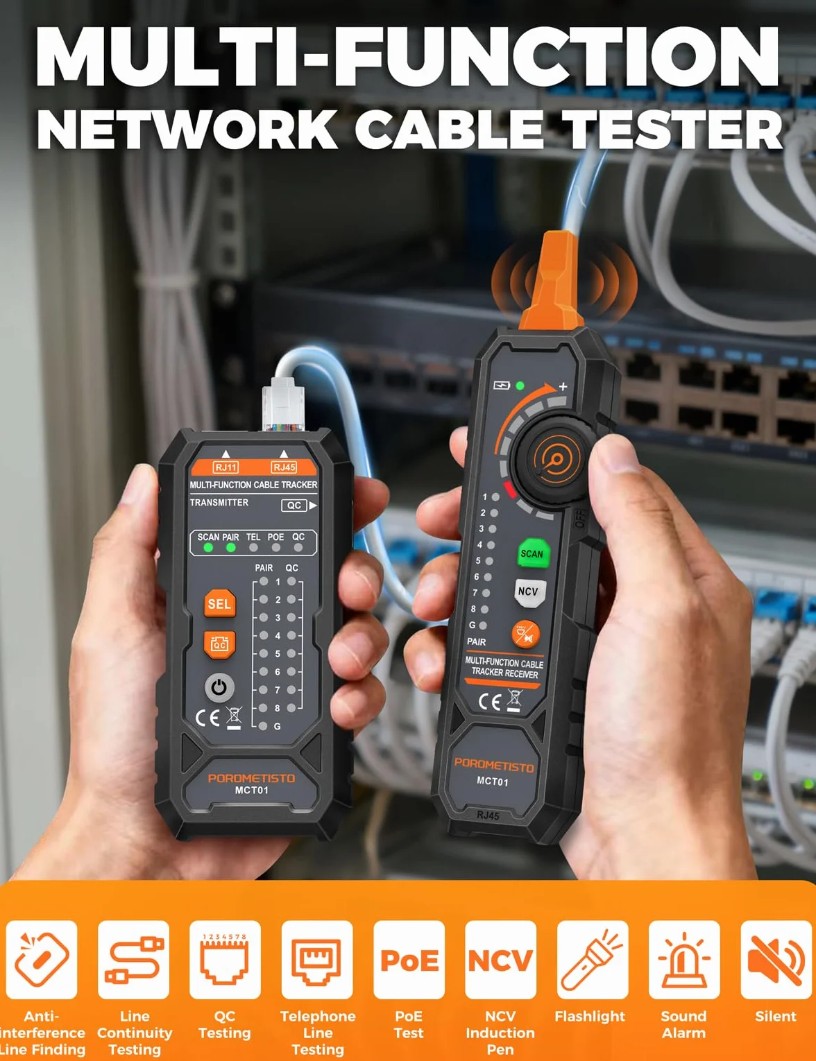 MCT01 POROMETISTO Comprobador de Cables de Red y Ethernet | All-in-One para RJ45/RJ11, Prueba POE, NCV, Linterna, Alarma Sonora, Verificación de Continuidad y Control de Crimpado