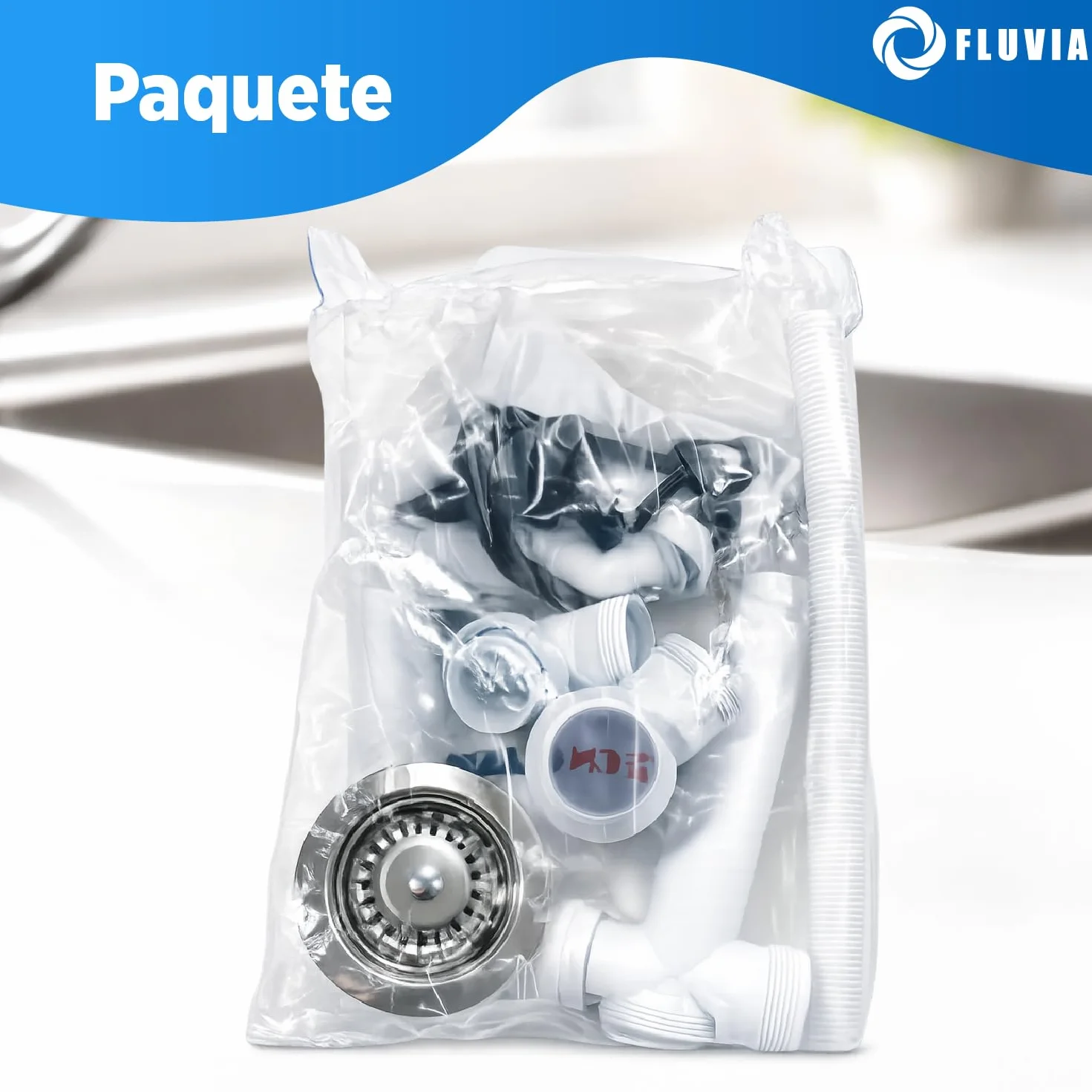 Sifón Fregadero Ø115 mm con Válvula Cesta Metálica para Cocina Desagüe Compacto 172 x 40 mm FLUVIA