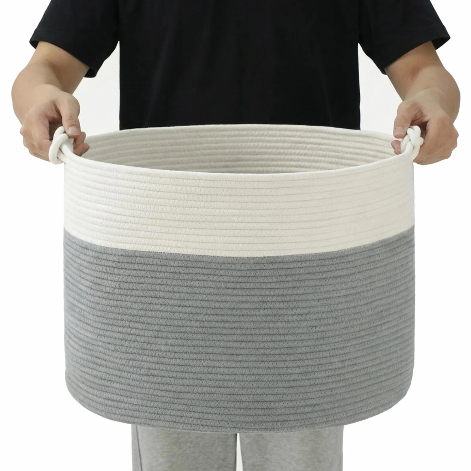 COSYLAND Cesto de Ropa Sucia de Cuerda de Algodón D50 x H35 cm – Cesta para la Ropa Sucia con Asas – Cesto Plegable para Mantas, Juguetes y Lavandería – Blanco Crema y Gris Claro