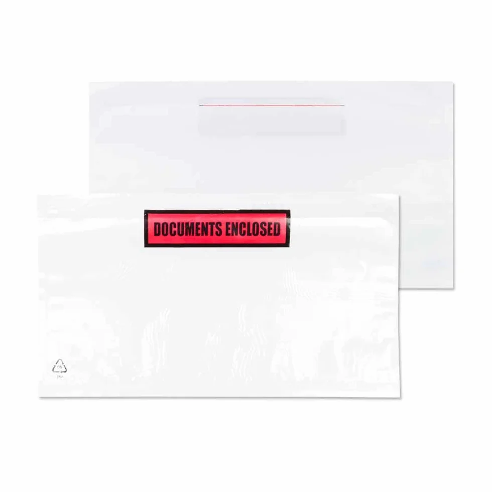 Sobres portadocumentos adhesivos plástico DL 235 x 135 mm 1000 unidades "Documents Enclosed"