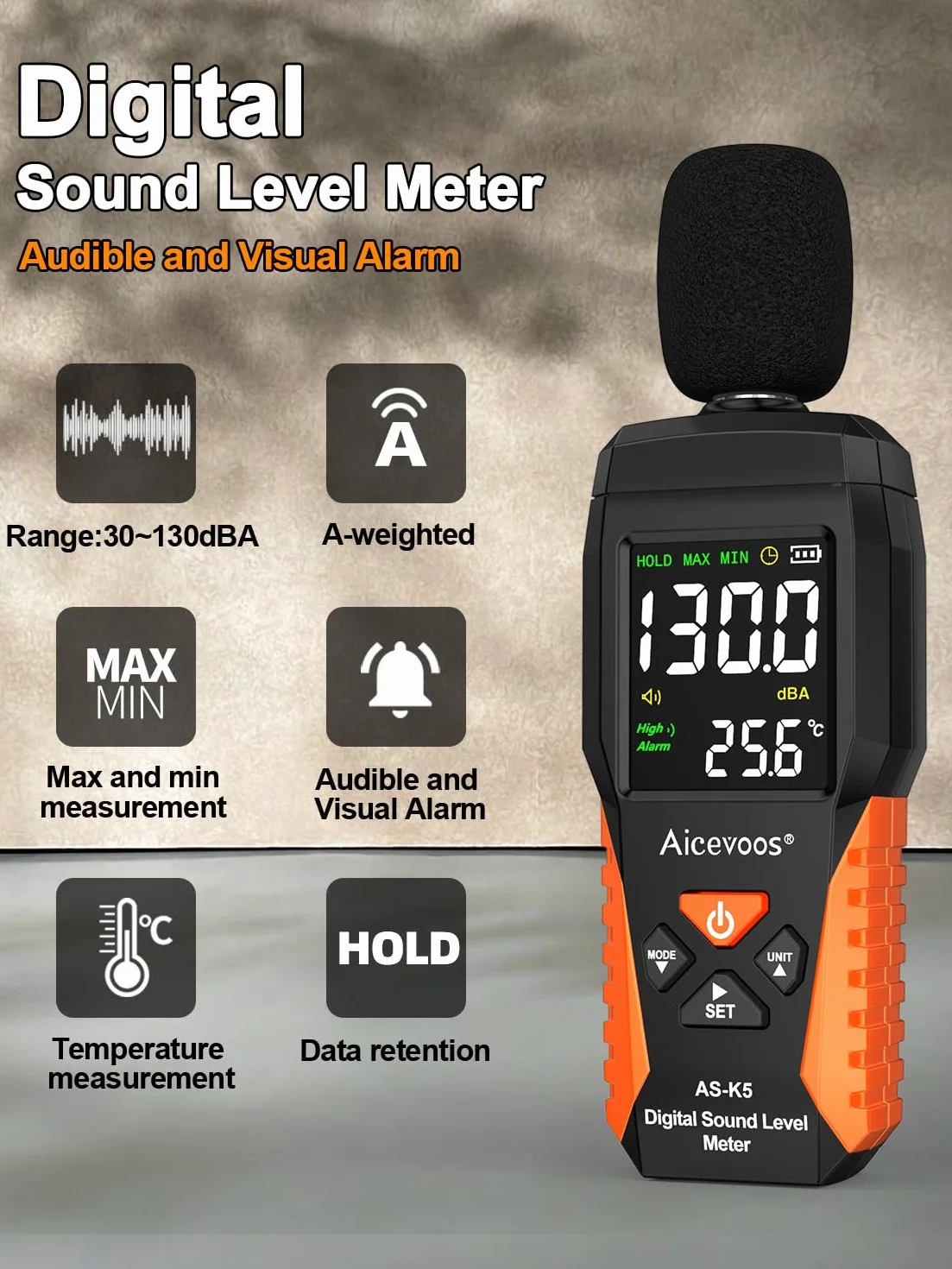 Sonómetro Homologado Medidor Decibelios 30~130 dB Ponderación A MAX/MIN