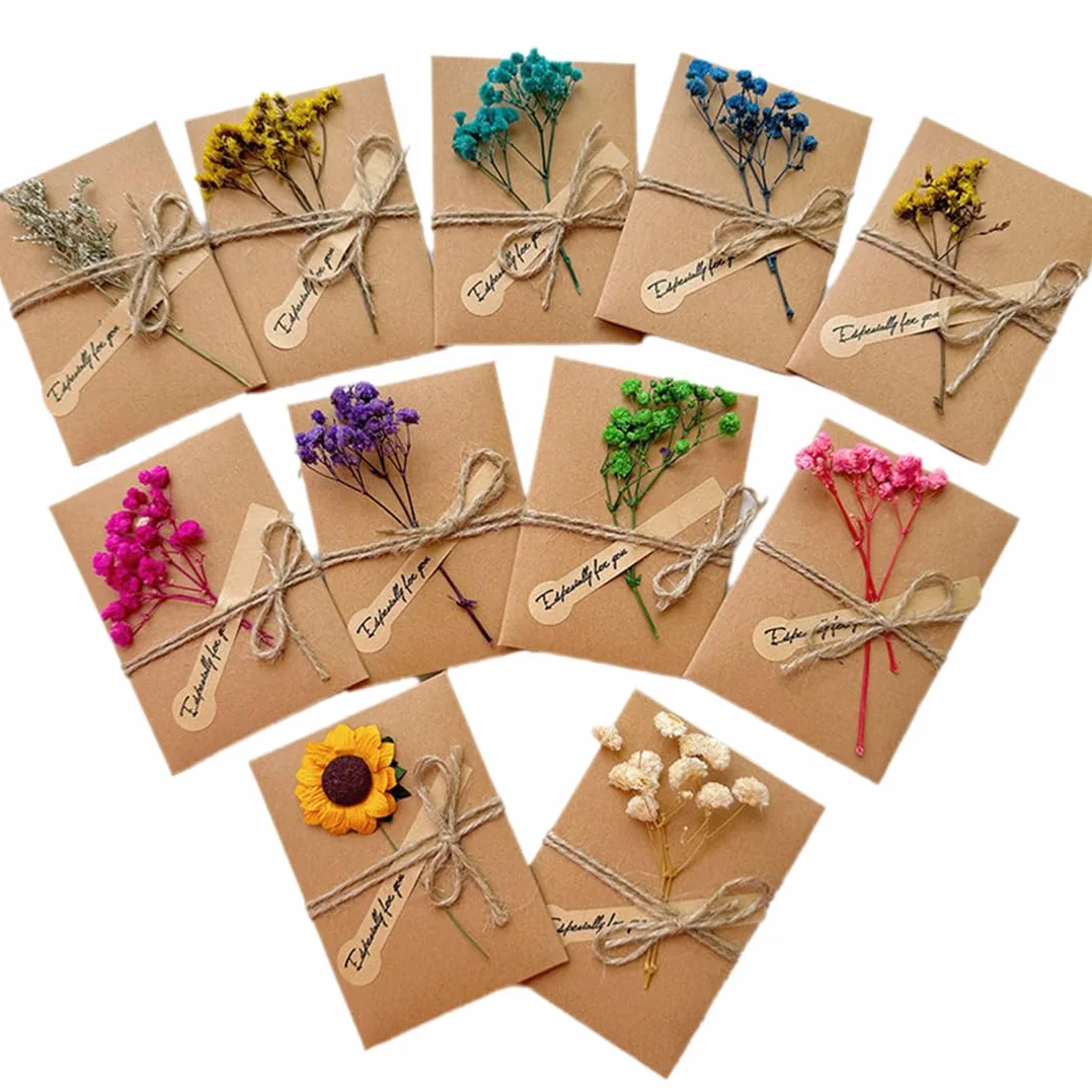 Tarjeta de Felicitación Vintage con Flores Secas, Postales Kraft para Cumpleaños Boda Navidad - 10 Sobres