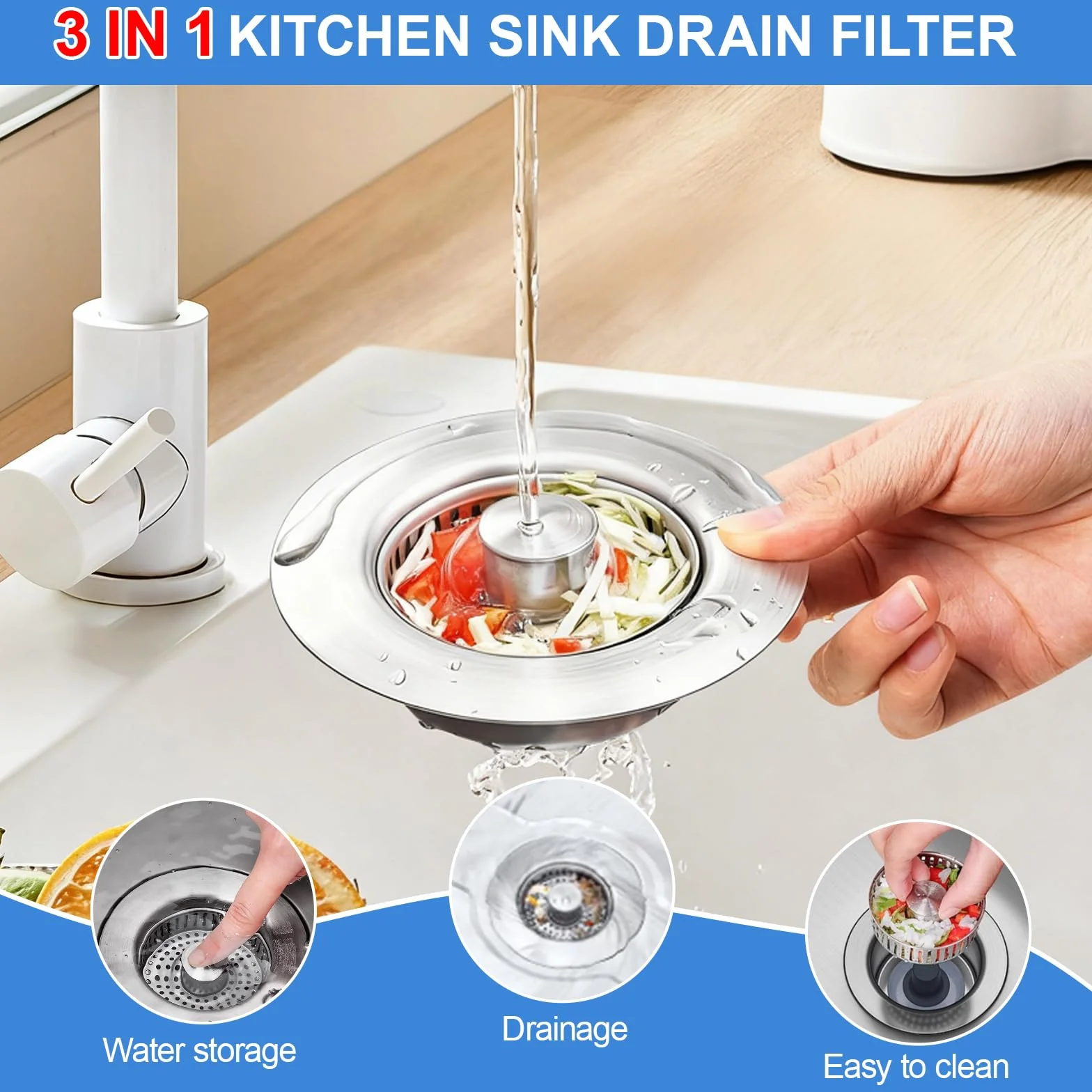Tapon Fregadero Cocina 3 en 1 Acero Inoxidable Filtro AntiOlores Press Push 73-87mm
