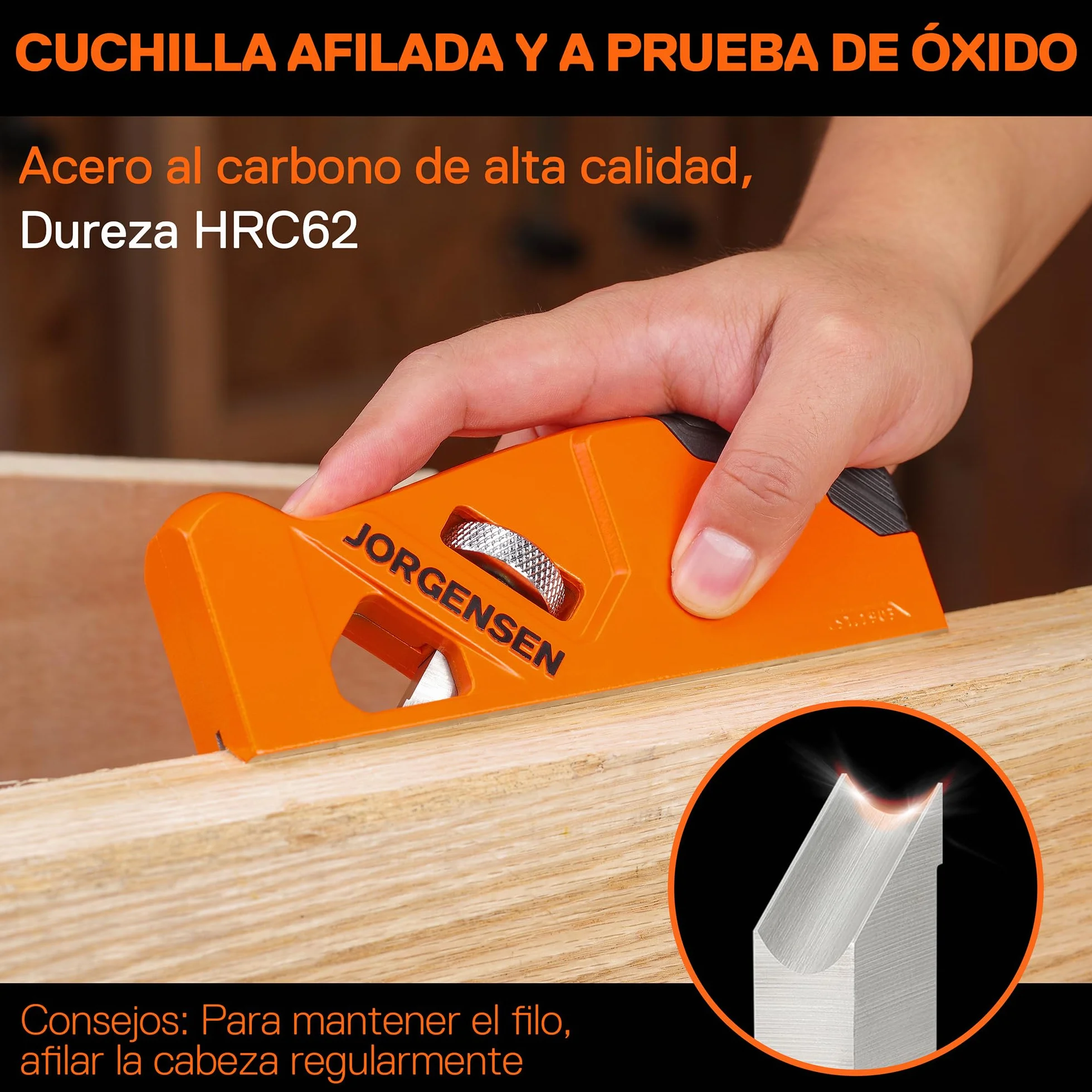 JORGENSEN Plano de chaflán para carpintería, herramienta de aplanamiento de esquinas de bordes para madera, cepilladora manual manual de 45° con 4 cabezales de corte para un recorte rápido de madera