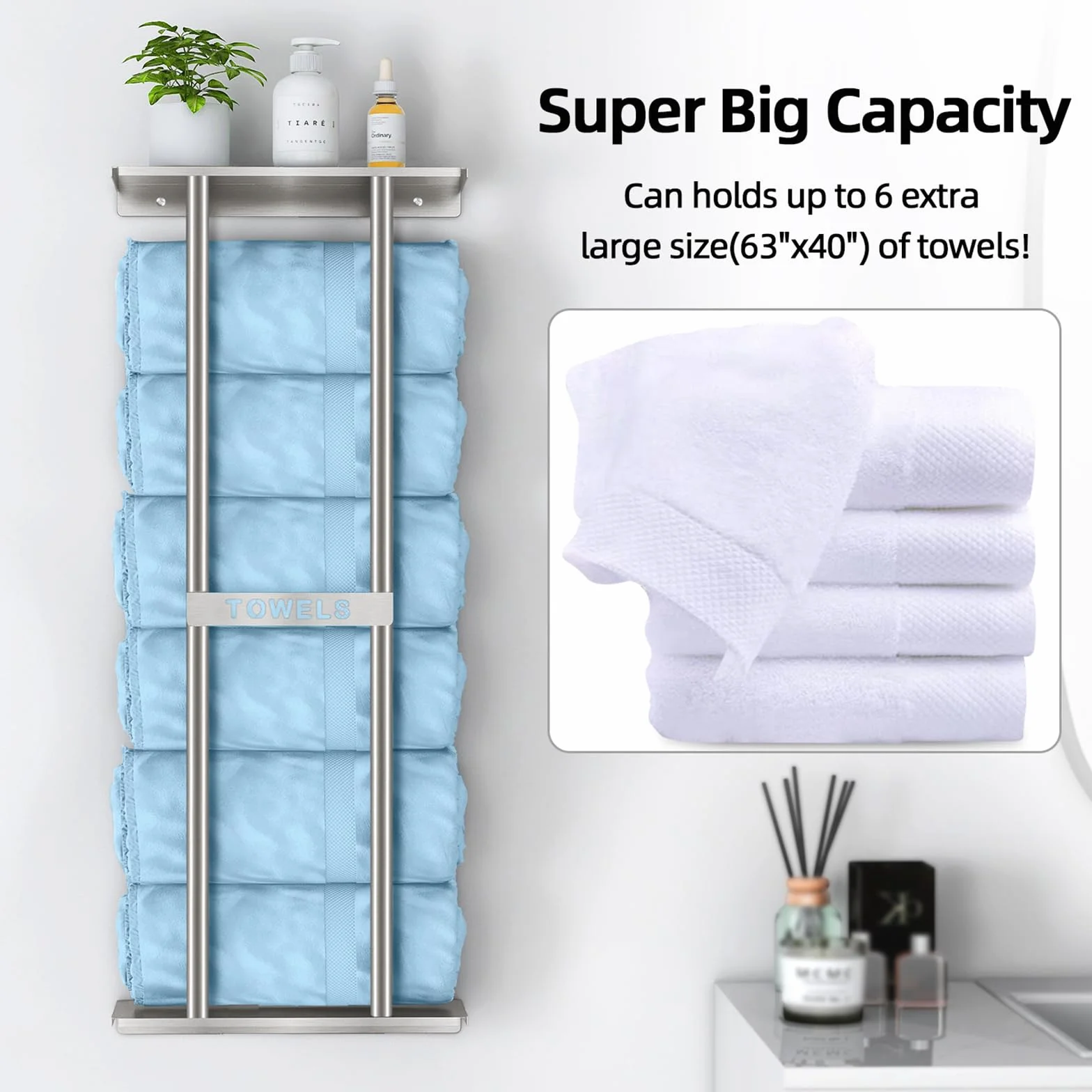 STWWO Toallero de Baño de Pared 76cm Toallero Vertical con Estante Plata Almacenamiento para Toallas enrolladas Baño Soporte para Toallas de Mano Grandes Toallas de Playa, Metal