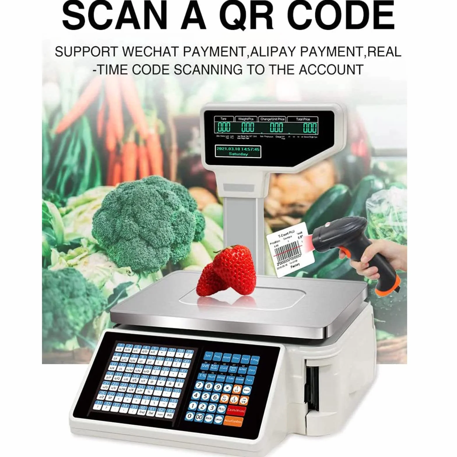 Bascula de Comercio Digital Electronica, 30KG Balanza Comercial para Pesar Fruta, Verdura Peso, Pantalla LCD Digital de Doble Cara, Impresión de Adhesivo y Recibo Térmico - Español WiFi
